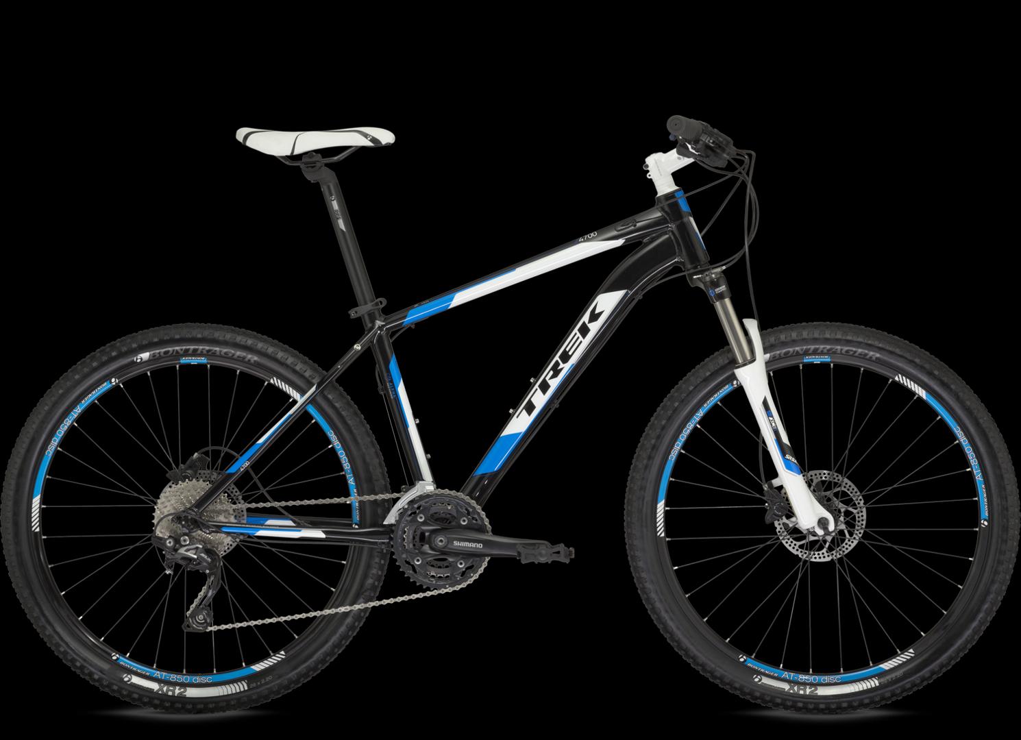 Mountain bike with a black and white frame, blue accents, and disc brakes, positioned against a black background.