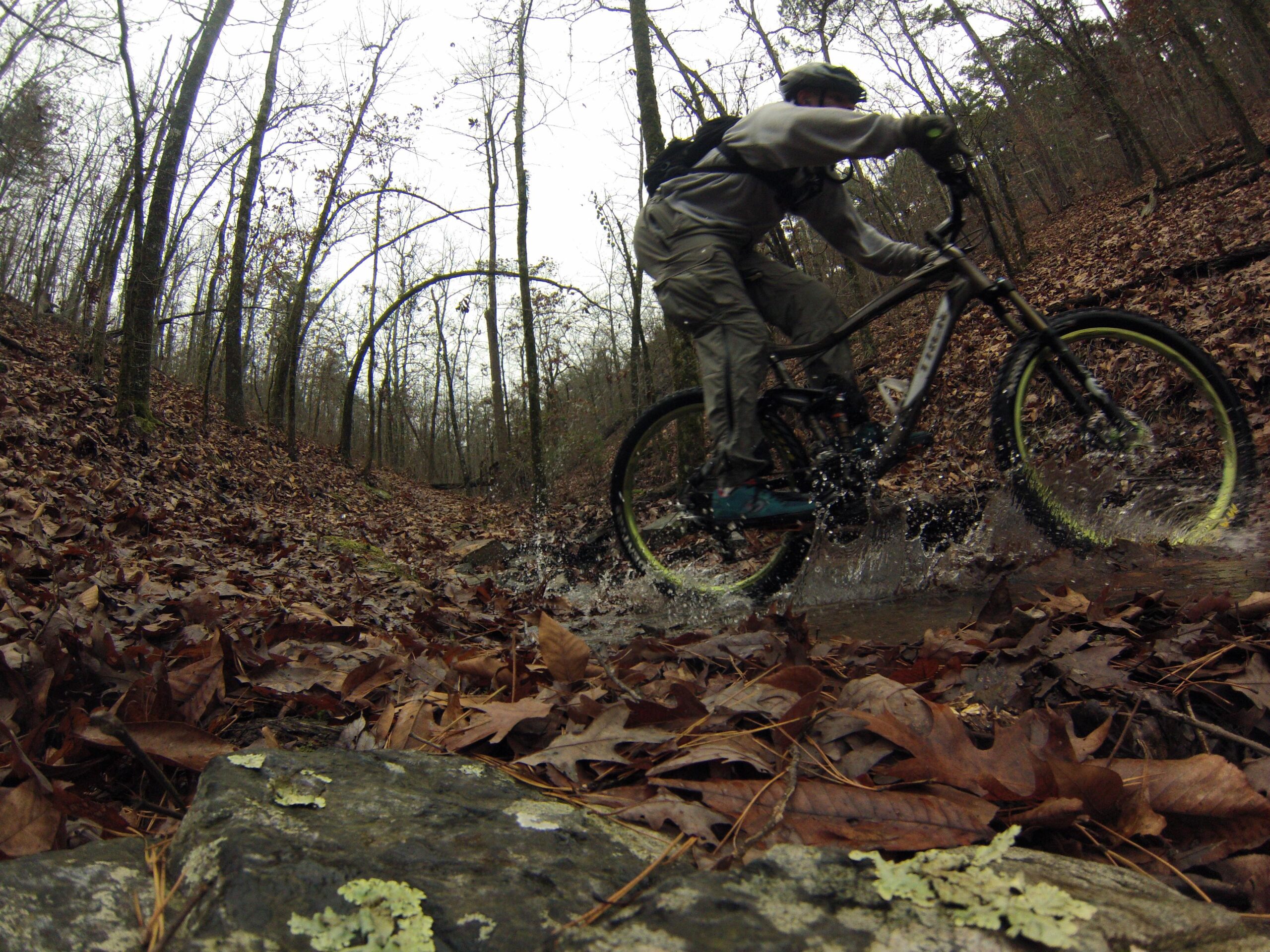 A mountain biker rides through a forest trail, splashing through a puddle while navigating over fallen leaves and rocks. The scene captures the excitement of outdoor biking in a wooded area during the cooler months. Womble mountain bike trail.