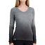 Icebreaker Bodyfit 200 Oasis V Dusk Base: A woman wearing a long-sleeved, v-neck gradient sweater that transitions from dark gray to light gray. The sweater has a comfortable fit and is styled for casual wear.