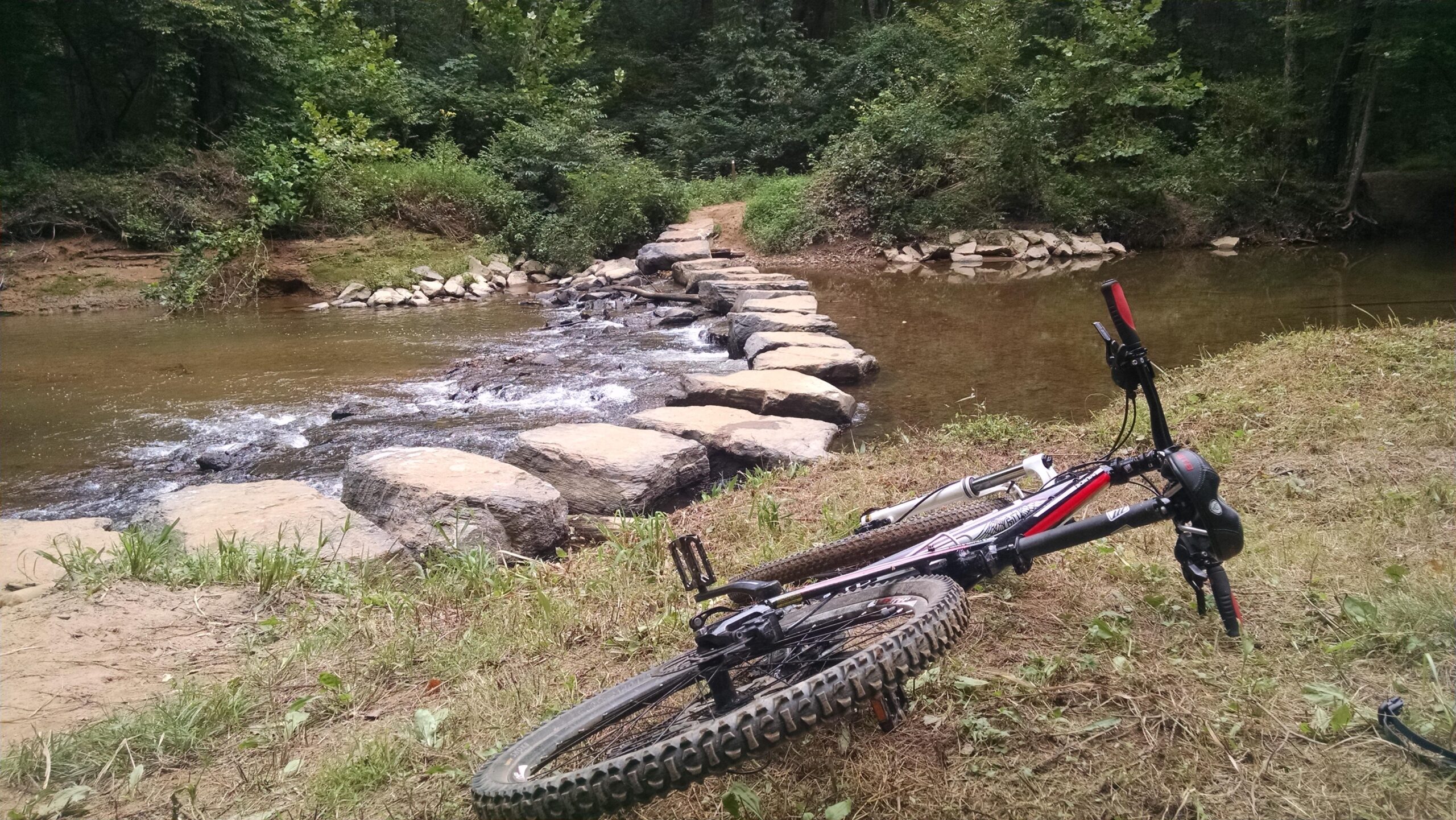 A mountain bike is laid on the grassy bank near a stream with large stepping stones crossing over it. The surrounding area is lush with trees and greenery, creating a peaceful natural setting. Difficult Run mountain bike trail.