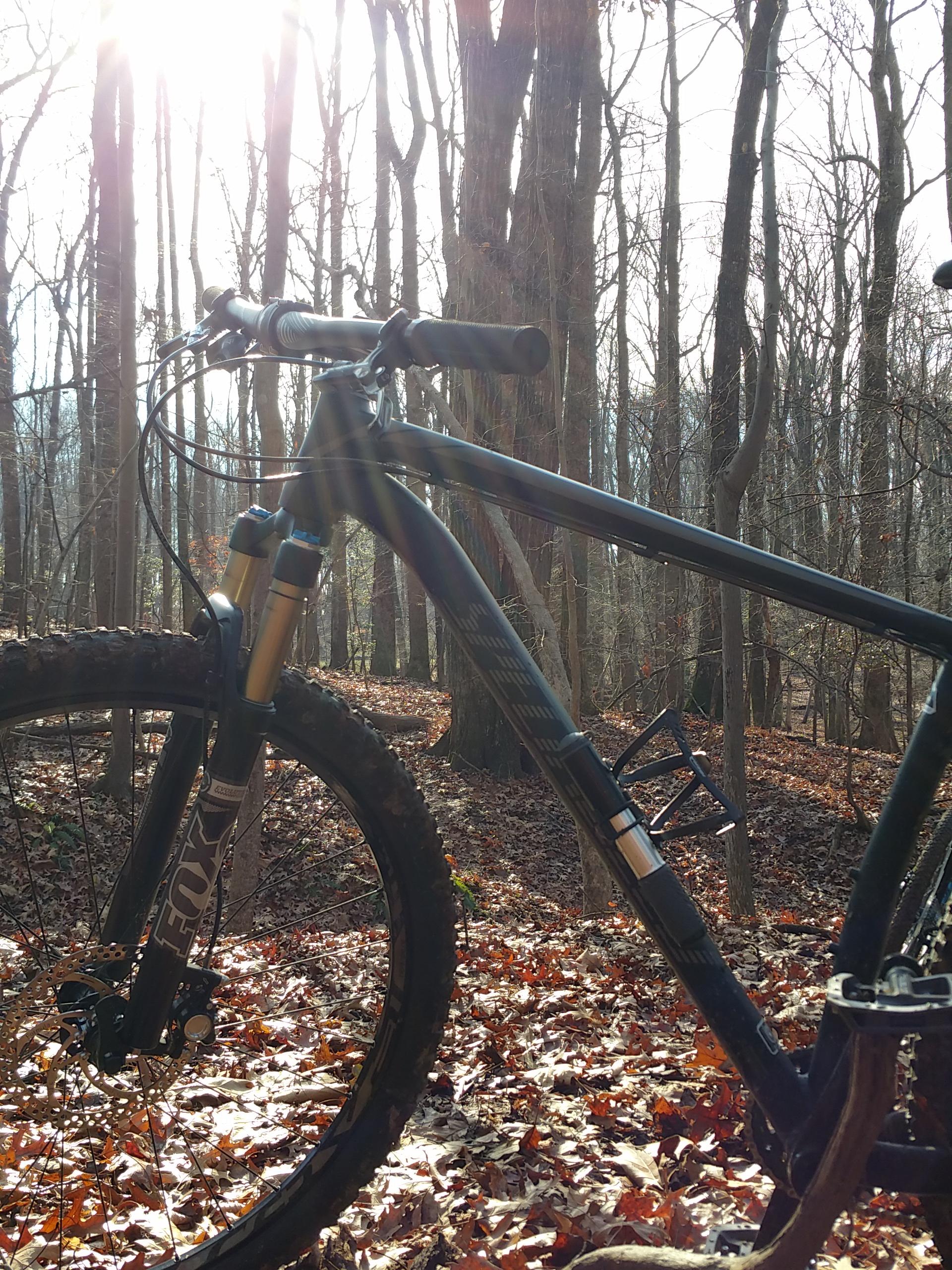 Specialized STUMPJUMPER EVO HT: A close-up view of a mountain bike leaning against a tree in a forest, with autumn leaves covering the ground. The sun is shining through the trees in the background, creating a warm and inviting atmosphere.