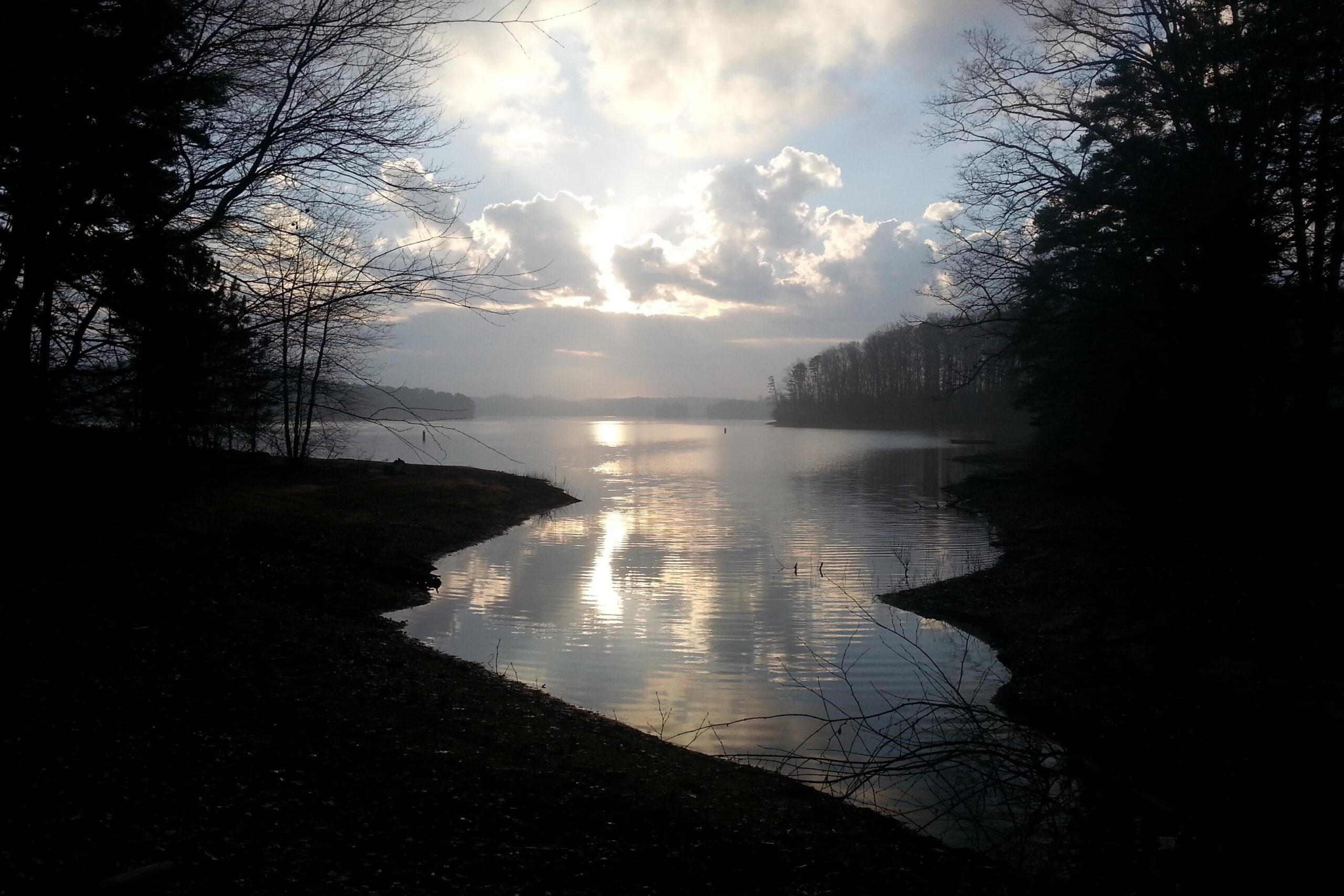 A tranquil lakeside scene at dawn, featuring calm water reflecting soft clouds and sunlight. Silhouetted trees line the shore, and gentle ripples create a serene atmosphere. The landscape is enhanced by the muted colors of early morning light. Charleston Park mountain bike trail.