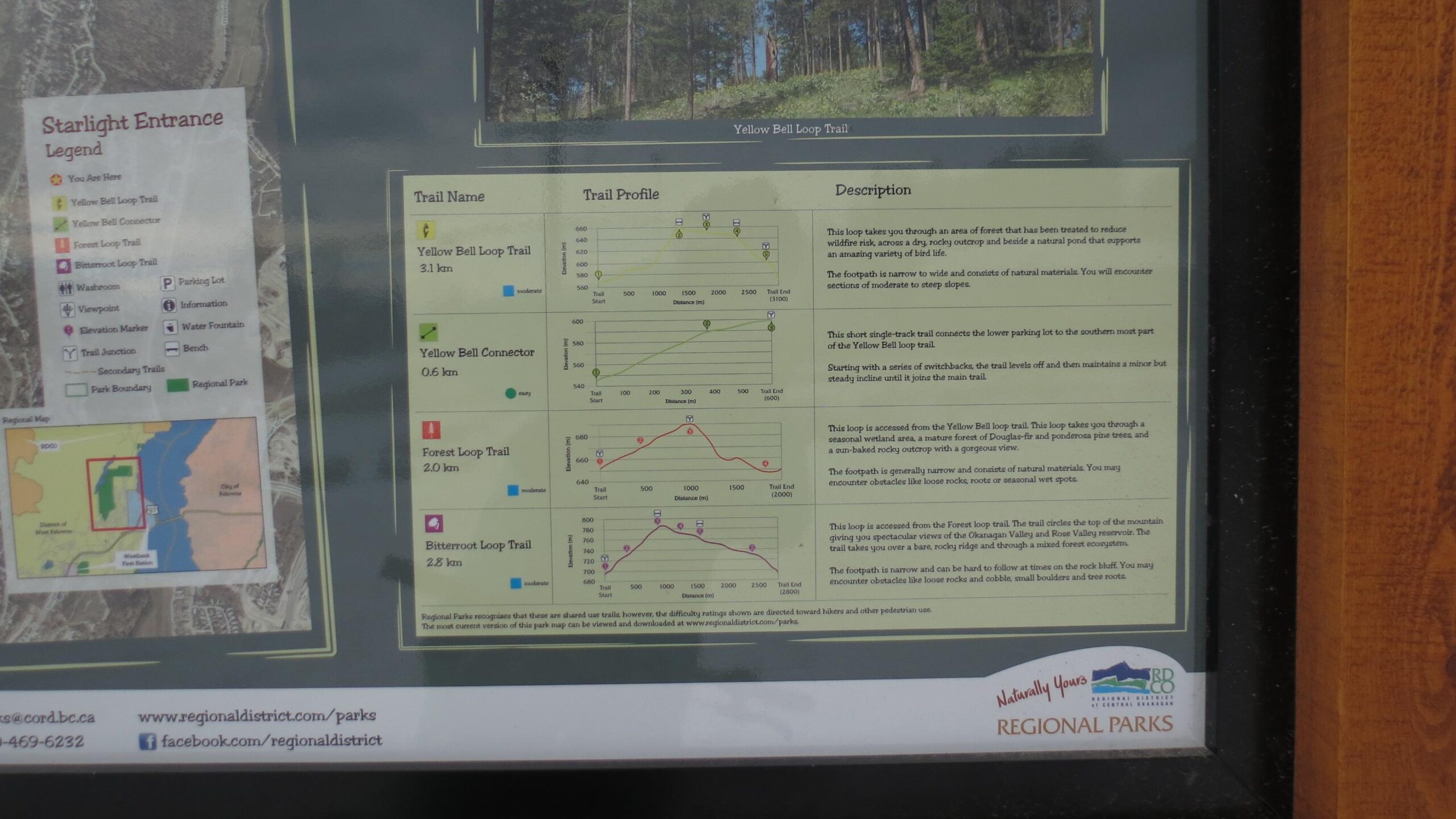 A park trail map displaying different hiking trails, including the Yellow Bell Loop Trail, Yellow Bell Connector, Forest Loop Trail, and Bitterroot Loop Trail. The map features a legend indicating locations of facilities like restrooms and parking, as well as trail profiles and difficulty ratings for each path. Descriptions of the trails provide information on the terrain and natural scenery. Rose Valley Resevoir mountain bike trail.