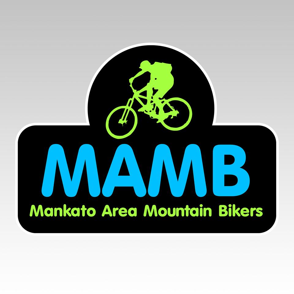 Logo for Mankato Area Mountain Bikers (MAMB), featuring a stylized silhouette of a mountain biker in green with the acronym "MAMB" in bold blue letters and the full name "Mankato Area Mountain Bikers" below. The background is black, enhancing the visibility of the text and graphic elements.