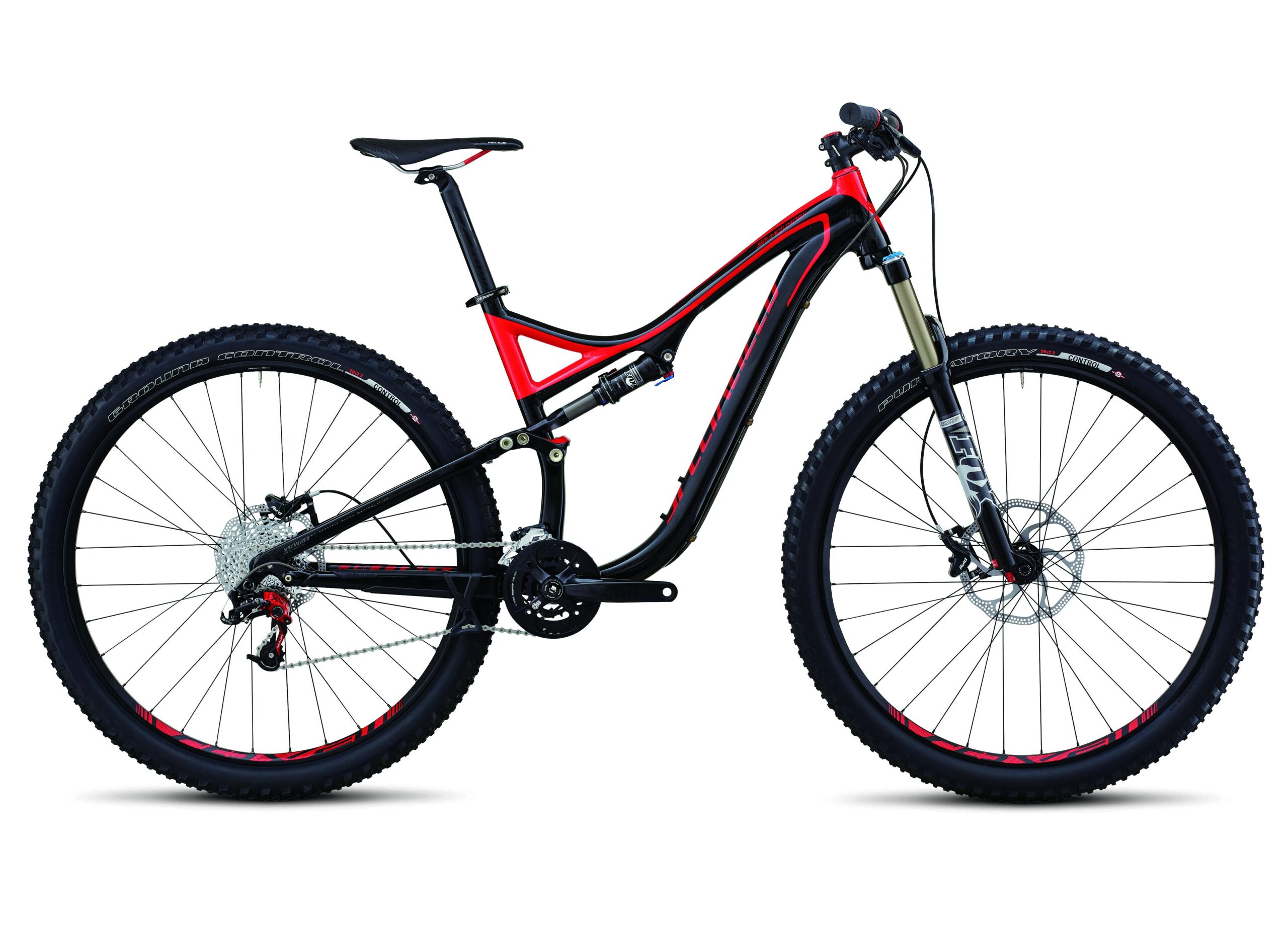 Specialized Stumpjumper: A modern mountain bike with a sleek black and red frame, featuring wide tires, front suspension, and a prominent drivetrain. The bike is positioned against a clean, white background, showcasing its design and components.