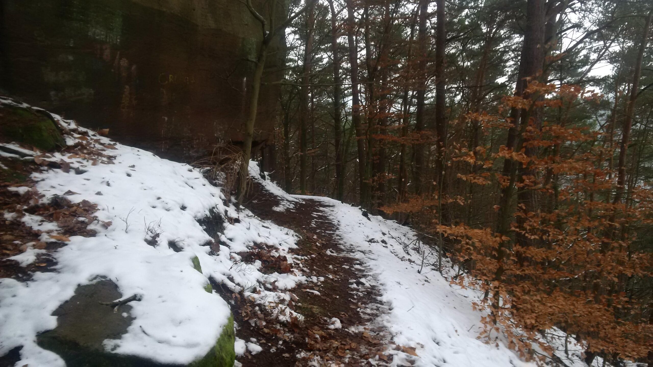 A winding dirt path covered in snow and leaves, set in a forested area with tall trees. A large rock wall rises on the left side of the image, while the right side features trees with some brown leaves. The scene conveys a peaceful, wintry atmosphere. Tower Trail mountain bike trail.