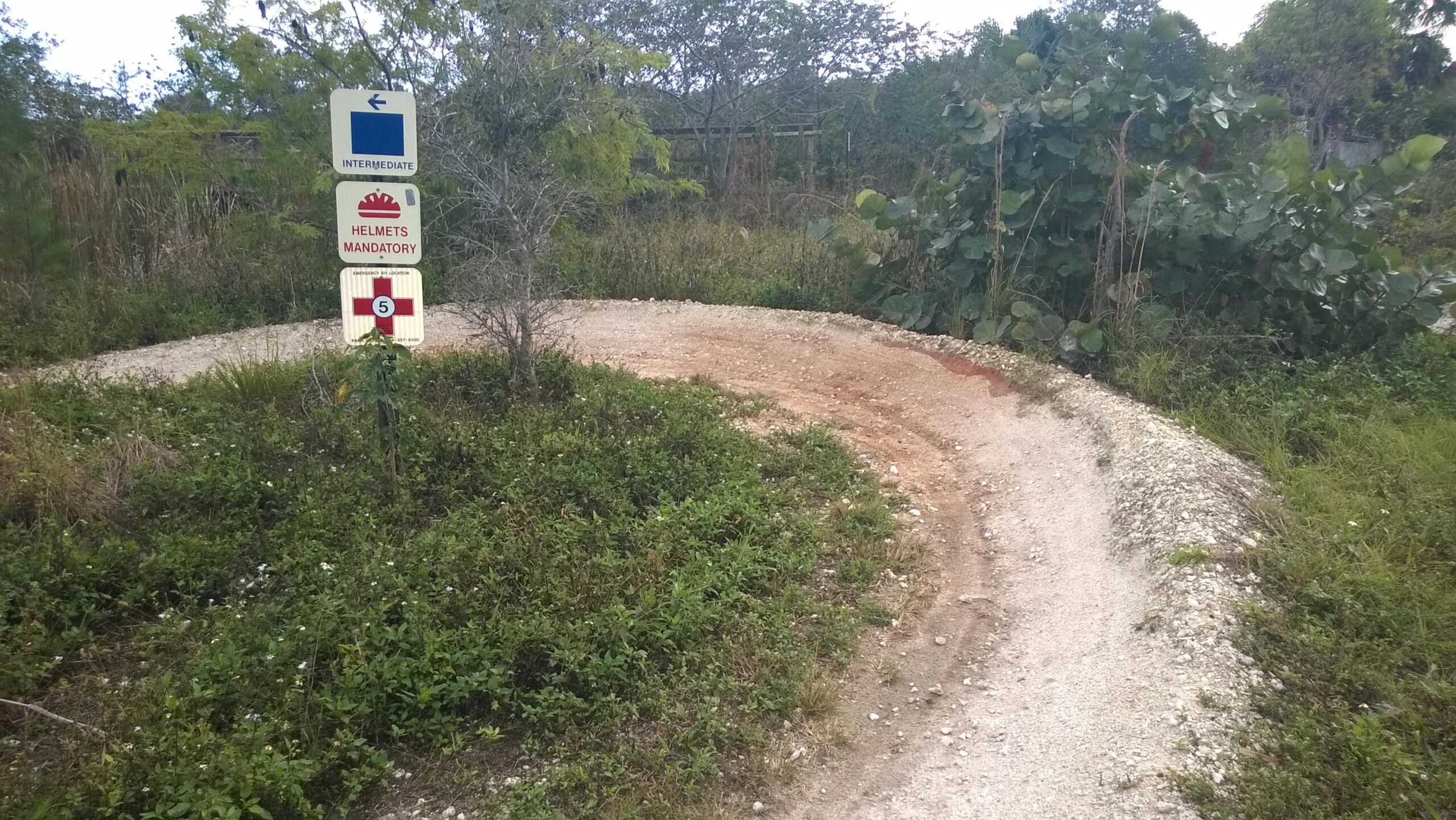 A winding dirt path leads into a wooded area, with signs indicating an intermediate trail and that helmets are mandatory. A red and white sign, marked with the number 5, suggests the location of a first aid station. Surrounding vegetation includes various shrubs and bushes. Quiet Waters Park mountain bike trail.