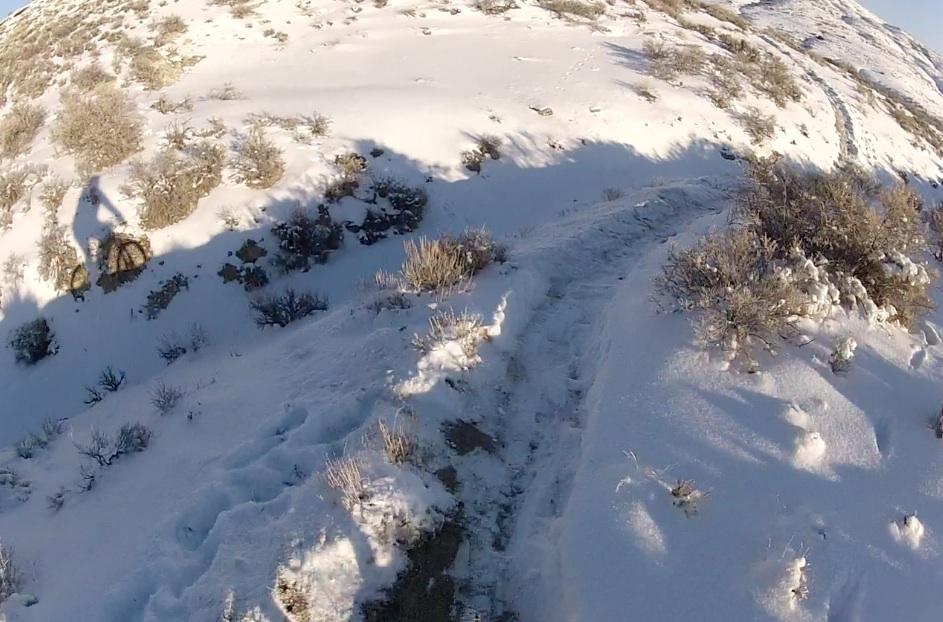 A snowy landscape with a winding dirt path, surrounded by patches of low shrubs and snow-covered ground. A shadow of a bicycle is visible on the snow, suggesting a cyclist navigating the terrain. The scene captures a serene winter outdoor setting. Tnt mountain bike trail.