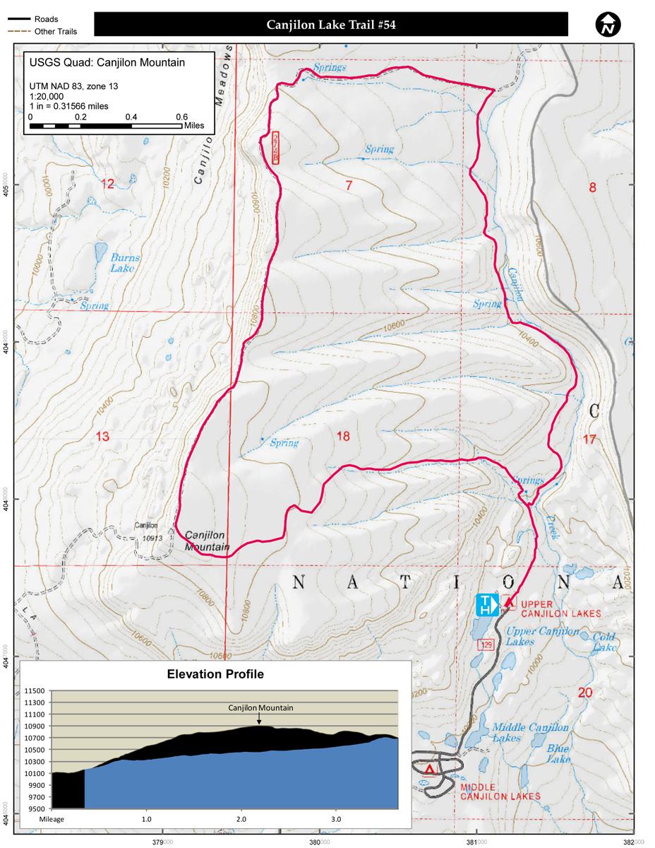 Map of Canjilon Lake Trail #54, displaying topographic details, terrain features, and an elevation profile for Canjilon Mountain. The trail is highlighted in pink, with labeled springs and other geographic markers. The elevation profile indicates gradual ascent and distance along the trail route. Canjilon Mountain Trail #54 mountain bike trail.