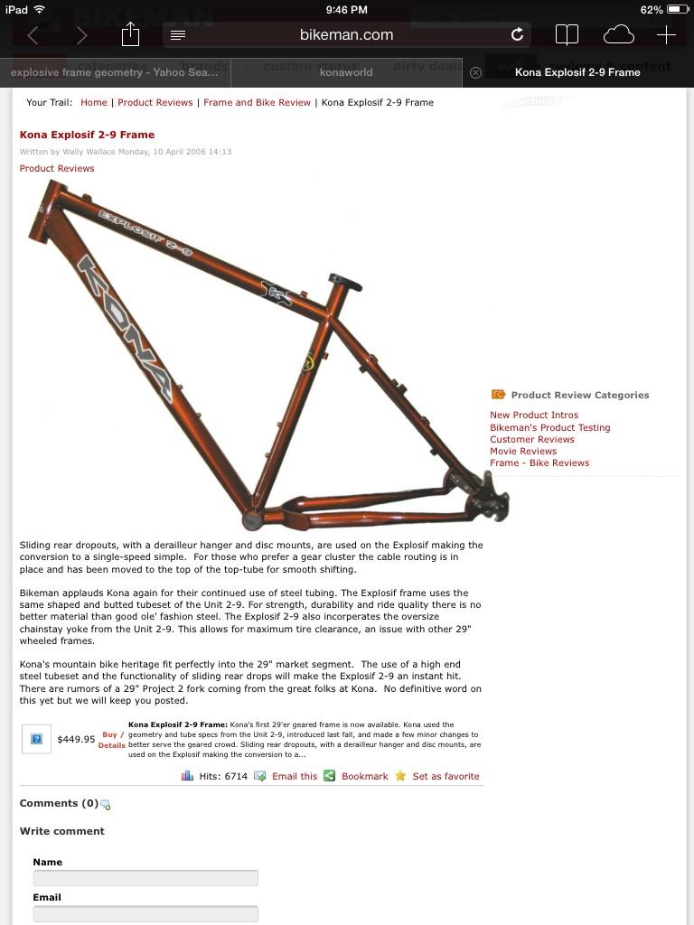 Kona Explosif: Alt text: "Kona Explosif 2-9 bike frame displayed on a website, featuring a distinctive orange color and design, with visible sliding rear dropouts and disc mounts for versatility in bike configurations."