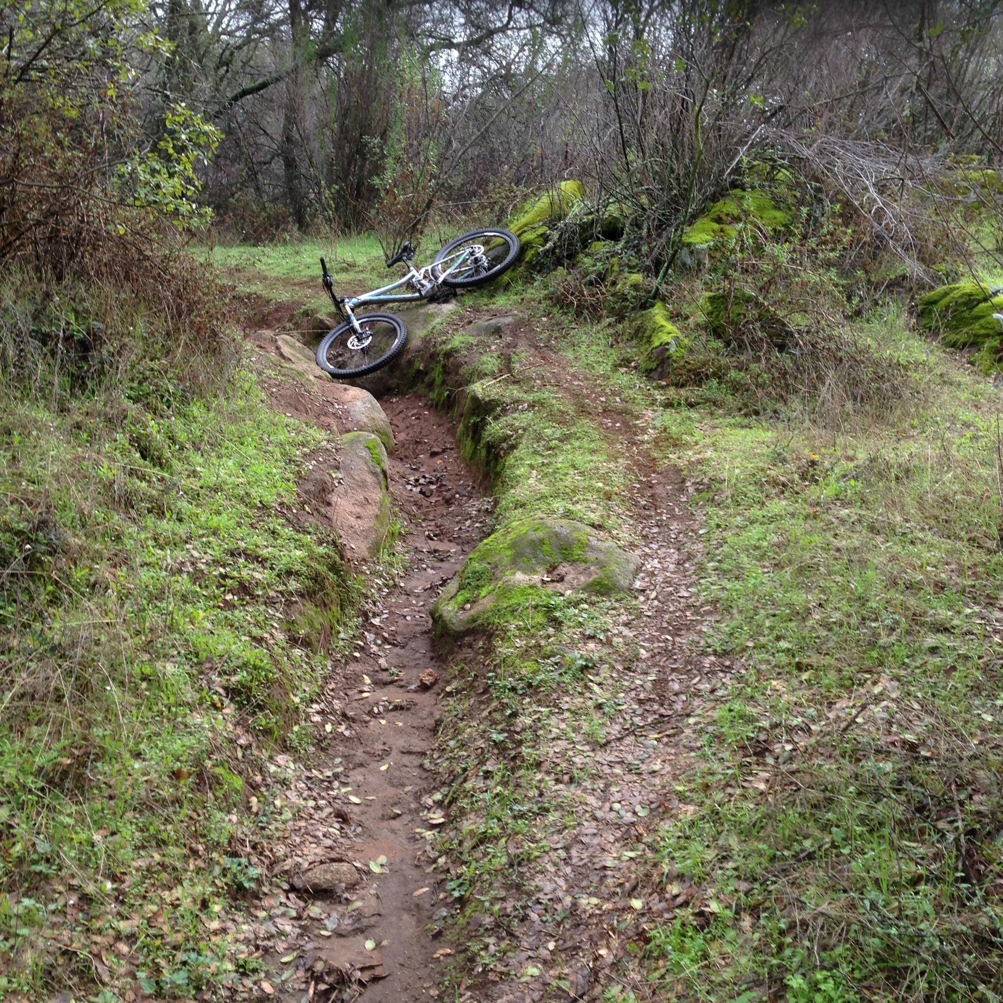 A mountain bike is lying on its side beside a narrow dirt trail surrounded by greenery and rocky terrain. The bike is partially positioned in a shallow ditch with grass and small rocks scattered around. The scene captures a natural outdoor environment with dense foliage and a rugged path. Granite Bay Trail mountain bike trail.