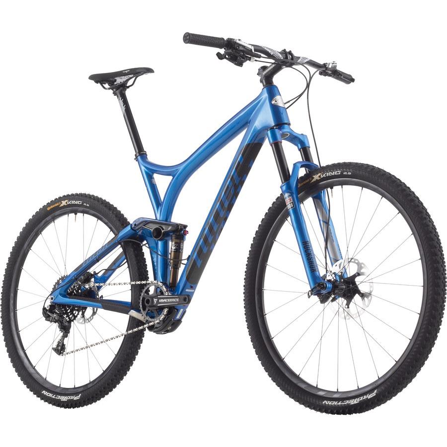 Niner R.I.P. 9 RDO: A blue mountain bike with a sleek frame and advanced suspension system, featuring knobby tires suitable for off-road terrain, disc brakes, and a modern design.