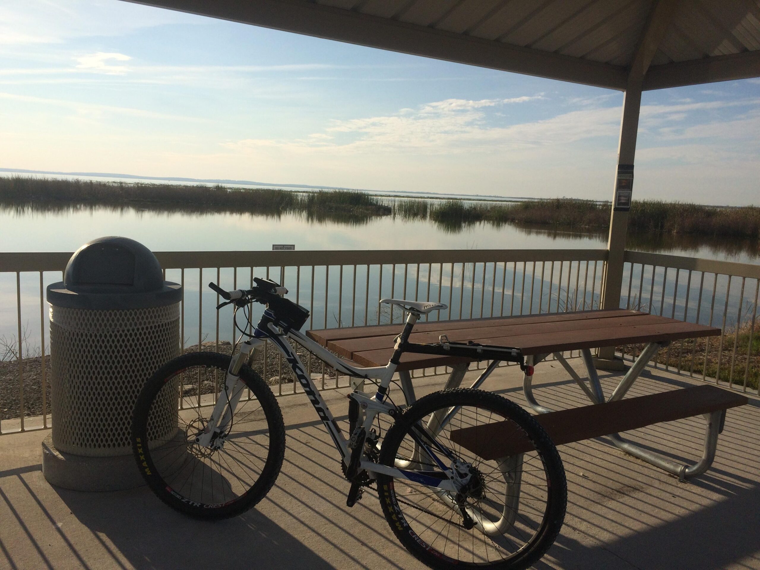A mountain bike parked beside a picnic table and trash can under a shaded structure, with a calm body of water and reeds in the background under a clear blue sky. Lake Apopka Restoration Area mountain bike trail.