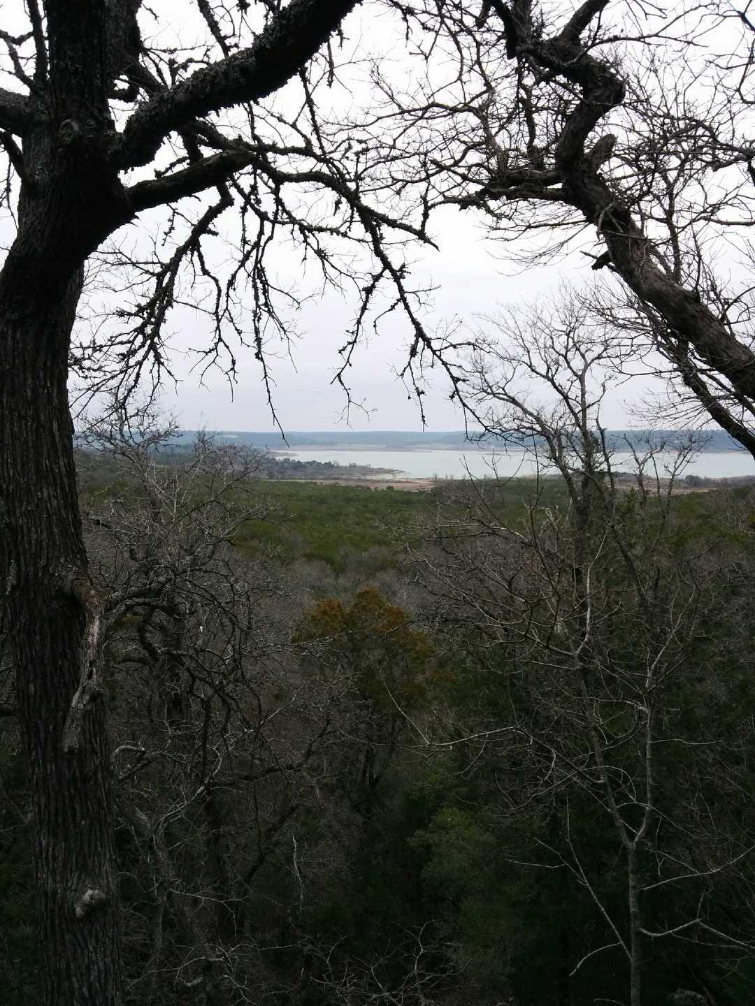 A scenic view of a landscape framed by bare trees, showing a body of water in the distance under a cloudy sky. The foreground features branches and various shades of green and brown foliage, while the background reveals a calm lake surrounded by hills. Blora mountain bike trail.