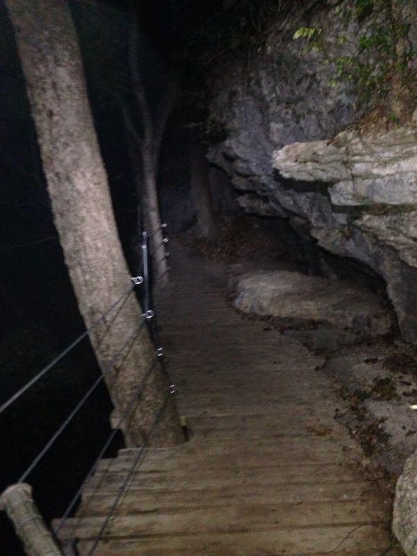 A narrow wooden pathway winding through a dark, wooded area, flanked by trees and rock formations. The path is illuminated faintly, suggesting nighttime, and features a wire railing for safety. Loose rocks and fallen leaves are visible along the trail. Blowing Springs mountain bike trail.