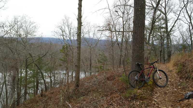 A mountain bike leaning against a tree on a dirt trail, surrounded by bare trees and a view of a river and distant mountains in the background, during late autumn or early winter. Brush Creek mountain bike trail.
