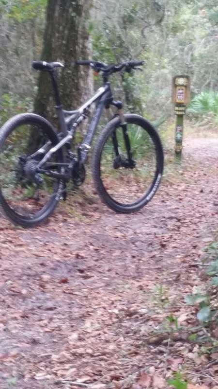 A mountain bike resting on a dirt trail surrounded by trees, with a trail sign visible nearby, indicating the path for cyclists and hikers. Spruce Creek Preserve mountain bike trail.