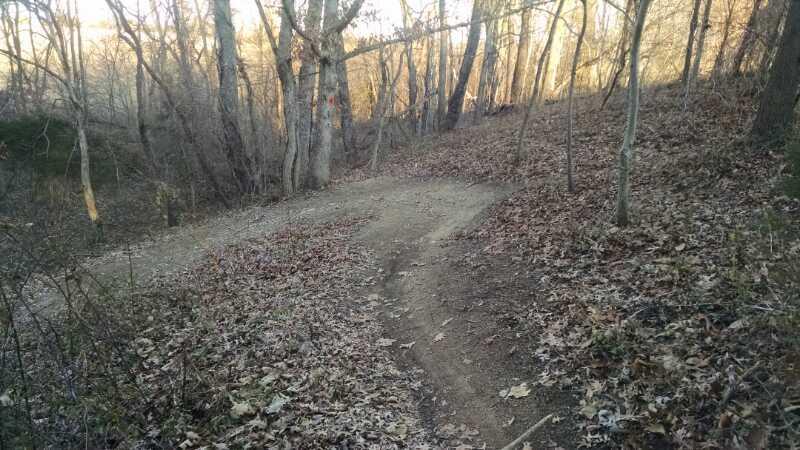 A winding dirt path through a wooded area, surrounded by bare trees and scattered autumn leaves, with soft sunlight illuminating the scene. Sherando Park Mountain Bike Trails mountain bike trail.