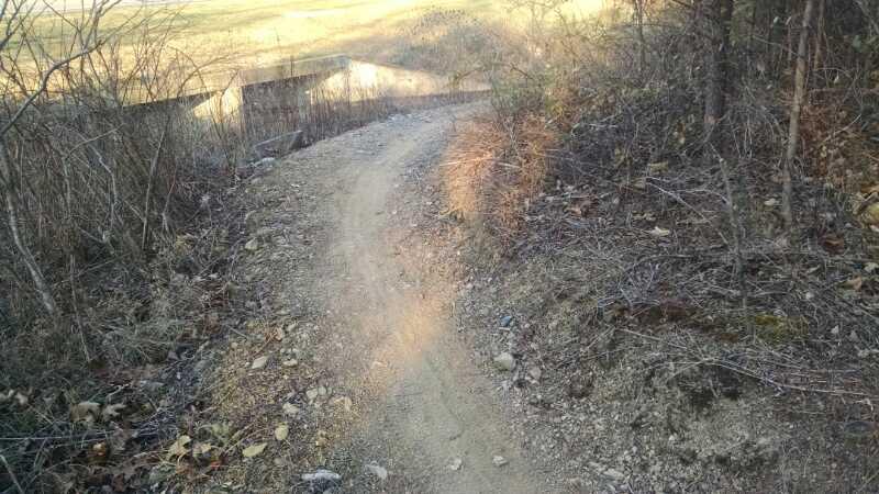 A winding dirt path surrounded by sparse vegetation and sunlit hills in the background. Sherando Park Mountain Bike Trails mountain bike trail.