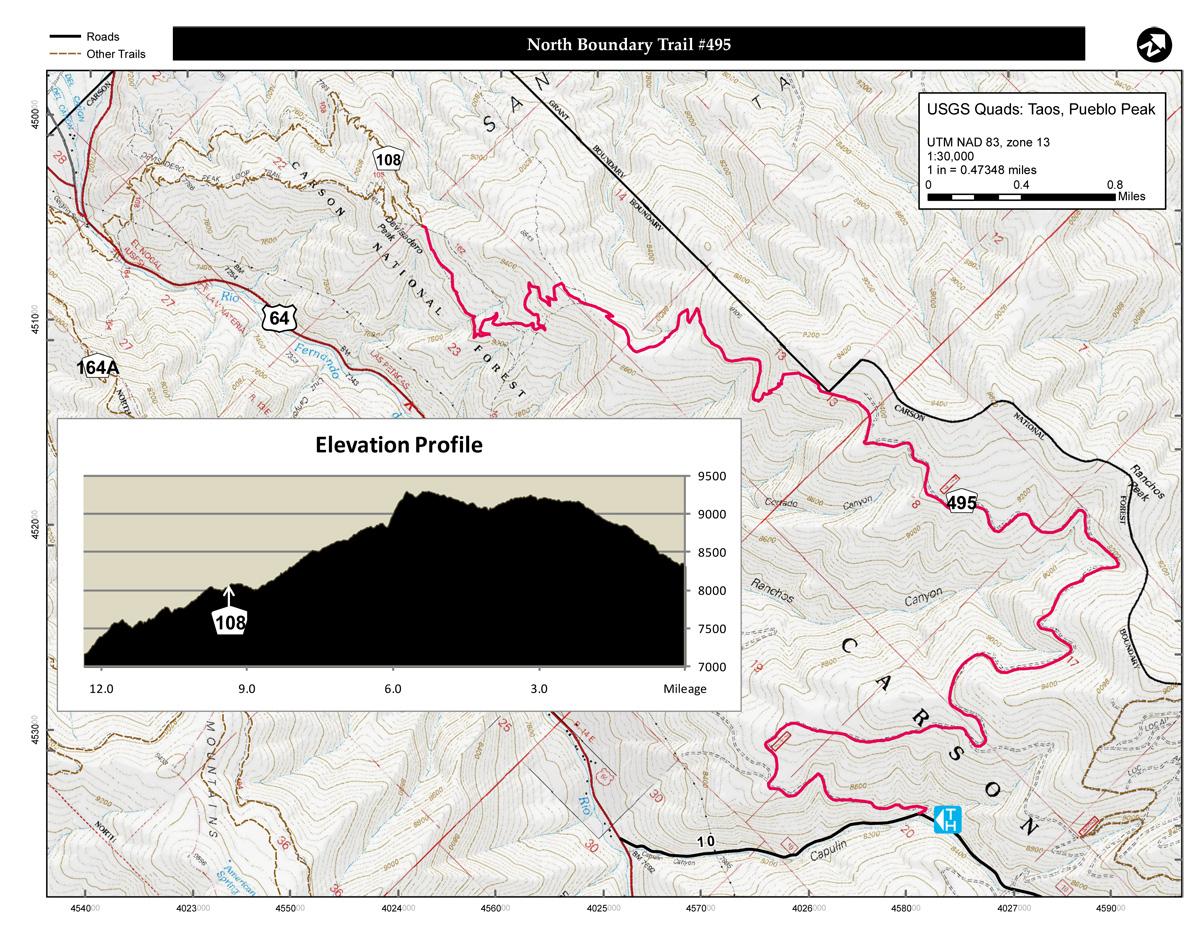 Map of North Boundary Trail #495, featuring labeled roads and other trails, elevation profile, and geographic details. The trail path is highlighted in pink, showing its route through the surrounding terrain, with key points marked, including mileage indicators and elevation changes. North Boundary Trail #495 mountain bike trail.