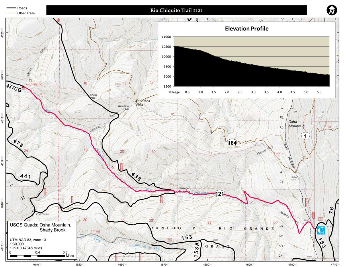 Map of the Rio Chiquito Trail #121, showing topographic features, roads, and other trails. The trail is highlighted in pink, with elevation profile displayed in the upper section. Includes markers for points of interest, elevation changes, and nearby landmarks. Rio Chiquito Trail #121 mountain bike trail.