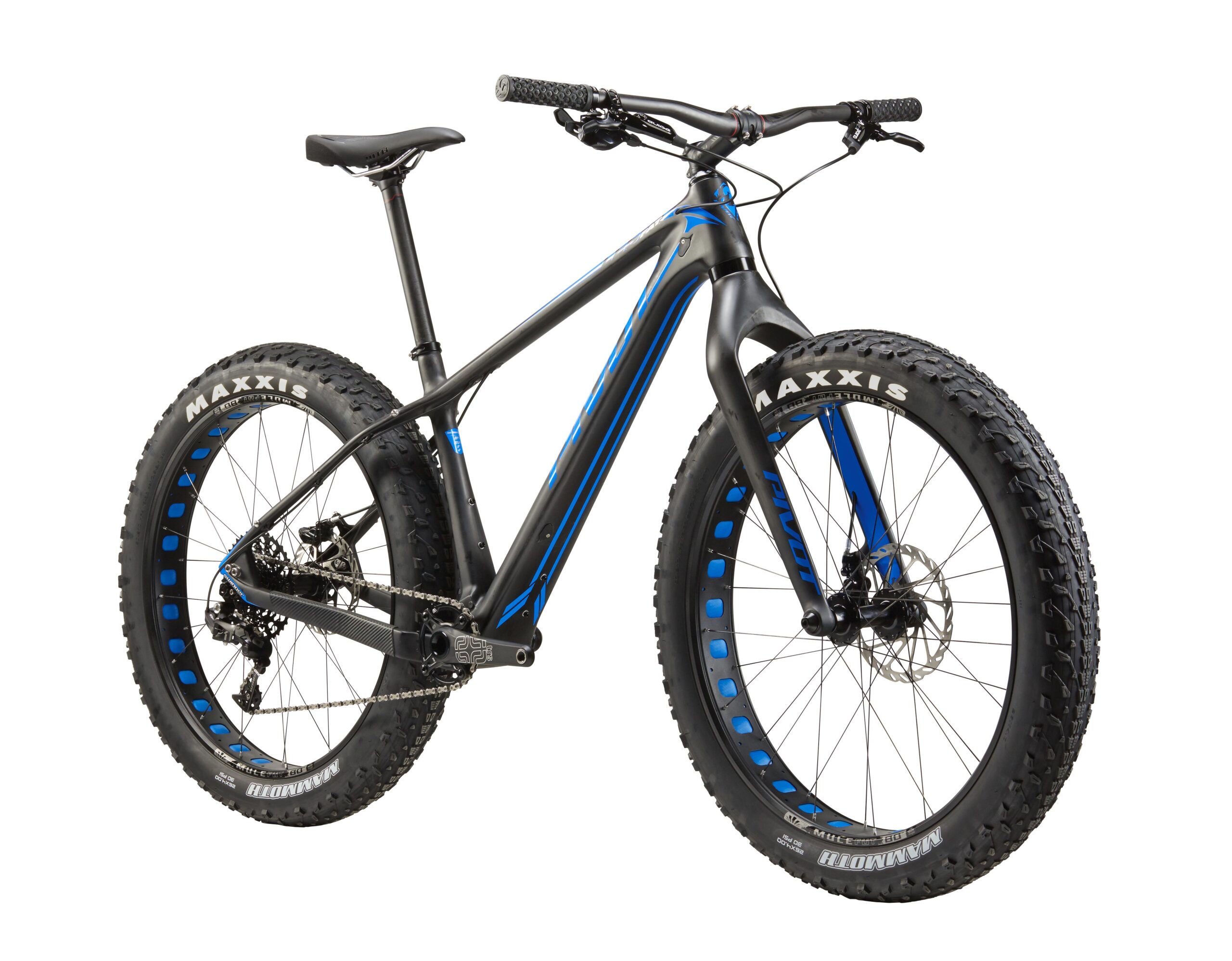 Pivot LES Fat Bike: A black and blue fat bike with large tires, featuring a sleek frame design, disc brakes, and a modern seating position. The bicycle is shown from the side, highlighting its wide tires and sturdy build, suitable for off-road terrain.