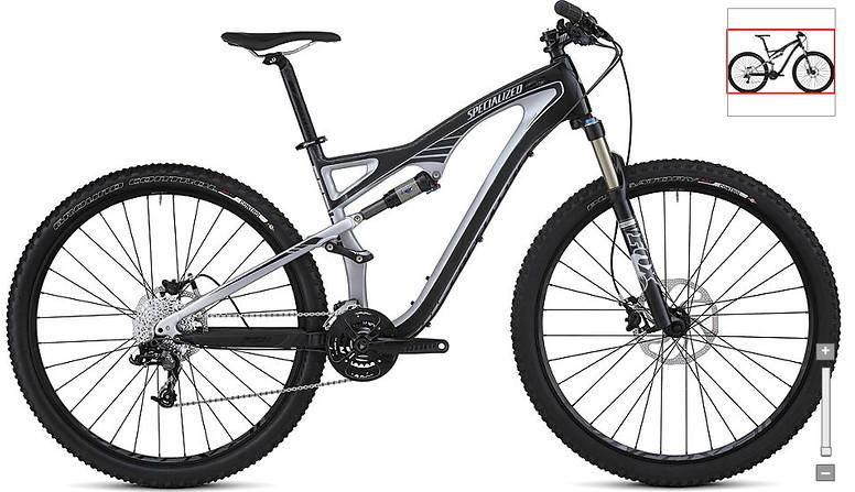 Specialized Camber: A sleek and modern mountain bike featuring a black and silver frame, equipped with wide tires and a front suspension fork. The bike has a visible gear system and handlebars designed for off-road riding. An inset image displays a smaller view of the bike from a different angle.