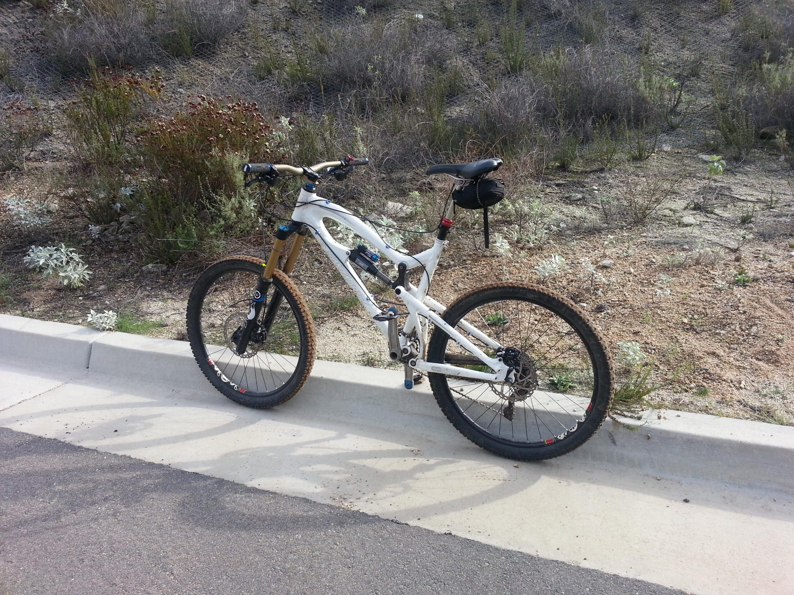 Santa Cruz Nomad: A mountain bike with a white frame and gold front forks, leaning against a curb surrounded by vegetation. The bike has knobby tires and a small bag attached to the seat. The background features gravel and shrubs typical of an outdoor setting.
