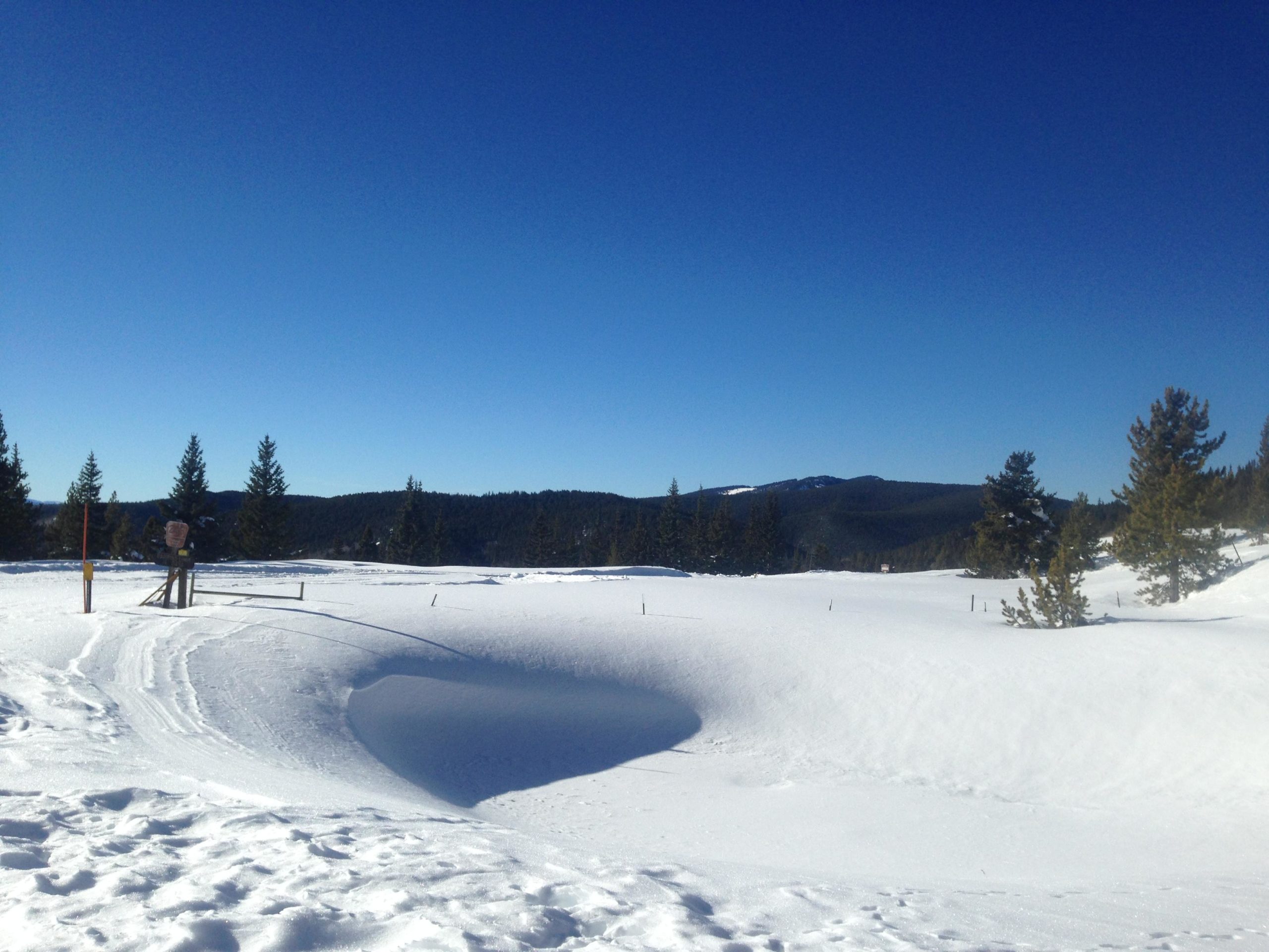 A snowy landscape under a clear blue sky, featuring a mix of evergreen trees and distant mountains. In the foreground, there are tracks in the snow leading towards a wooden structure with signs, while the snow undulates smoothly across the ground. Marshall Pass Road / #200 / #203 / #243 mountain bike trail.