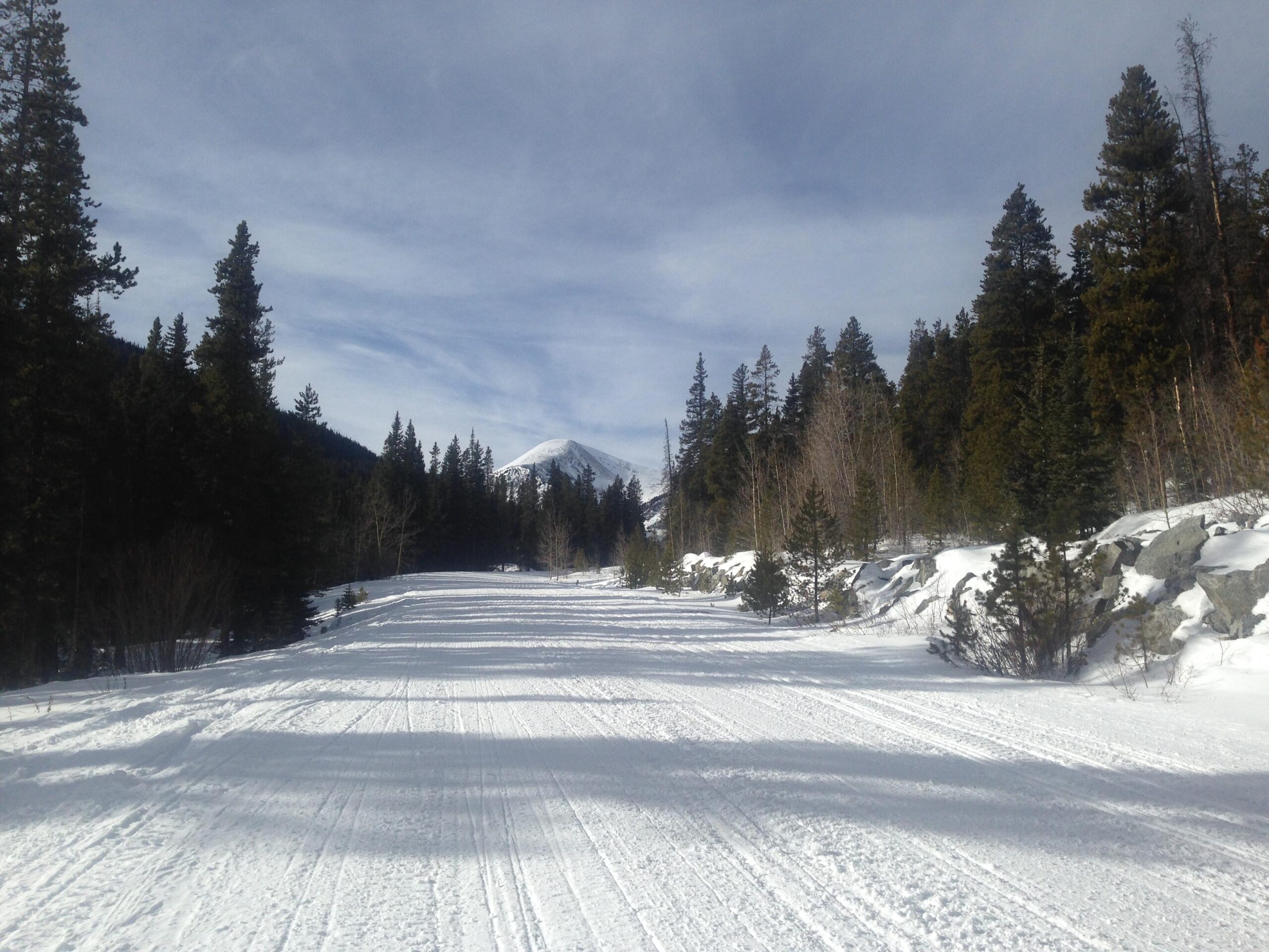 A snow-covered road winding through a forest of tall evergreen trees, with distant snow-capped mountains under a cloudy sky. The landscape features freshly groomed snow tracks in the foreground, creating a serene winter scene. Cottonwood Pass Road mountain bike trail.