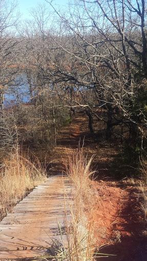 A wooden path leads down to a tranquil scene, surrounded by bare trees and shrubs. In the background, a calm body of water is visible, with a clear blue sky overhead. The landscape features earthy tones, with red soil and dry grass, creating a serene and natural atmosphere. Thunderbird Lake Clear Bay mountain bike trail.