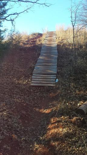 A wooden ramp leads up a hillside covered with dry leaves, surrounded by sparse trees and blue sky. Thunderbird Lake Clear Bay mountain bike trail.