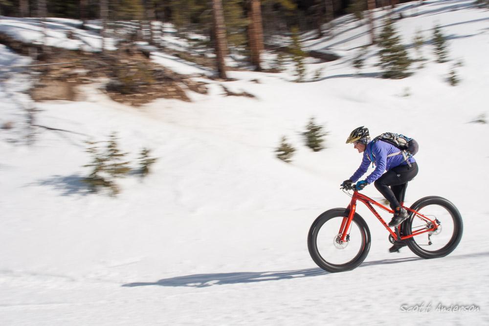 A person riding a fat bike on a snowy trail in a forest. The cyclist is wearing a blue long-sleeve shirt, black pants, and a helmet, with a backpack visible. Pines and snow-covered ground create a winter landscape around them, with motion blur suggesting speed. Hancock Road mountain bike trail.