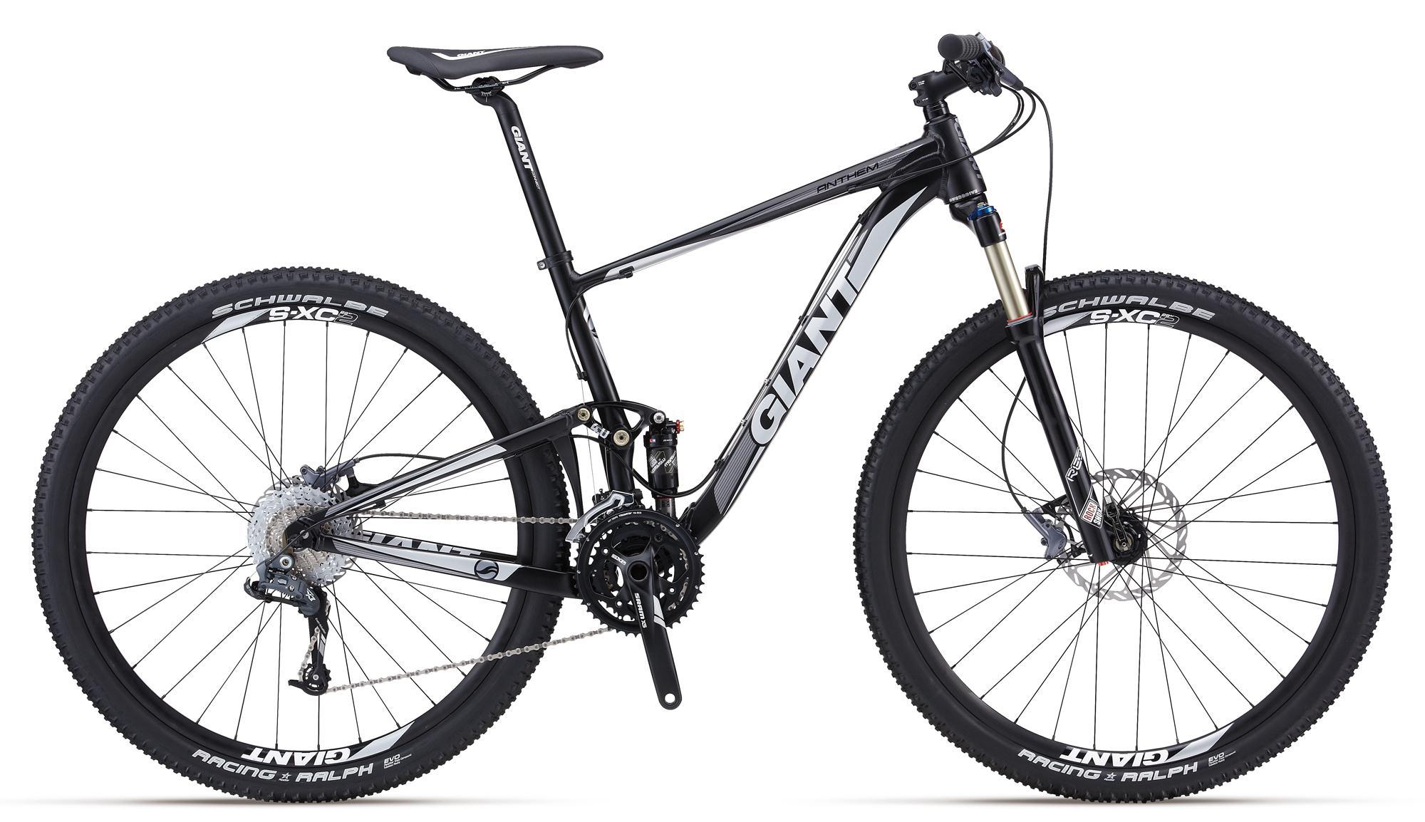 Giant Anthem: A black mountain bike featuring a lightweight frame, front suspension, and wide tires designed for off-road terrain. The bike has a sleek design with the brand name "GIANT" prominently displayed on the frame and wheels.