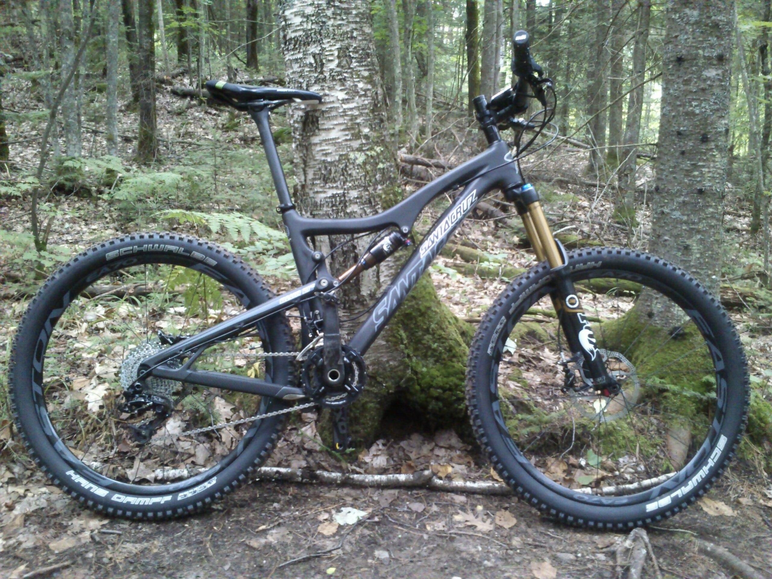 Santa Cruz Blur LT2: A mountain bike parked in a forest setting, surrounded by green foliage and trees. The bike features a sleek black frame and thick tires designed for off-road terrain.