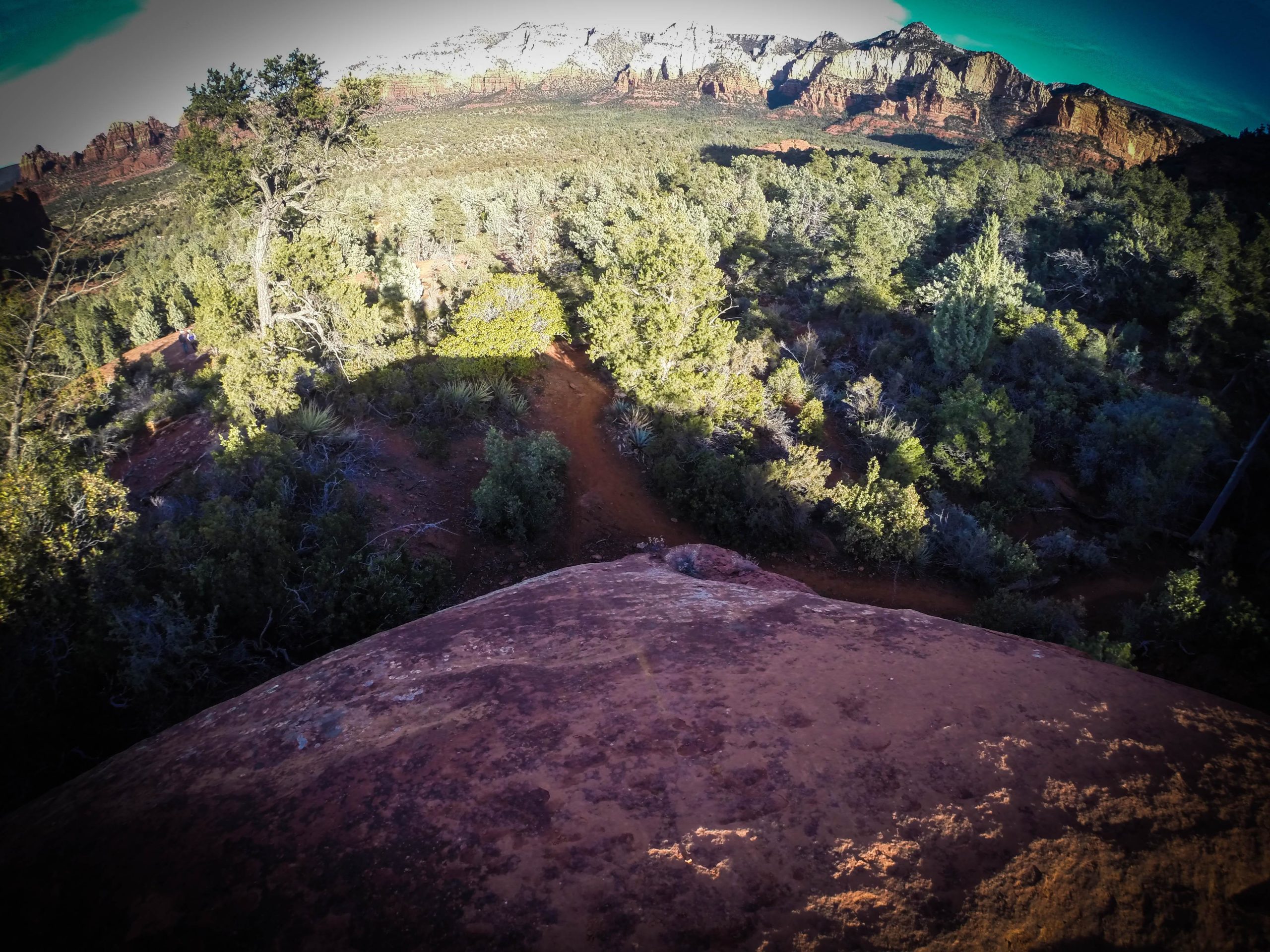 A panoramic view from the edge of a rocky outcrop, overlooking a lush, green landscape filled with trees and shrubs. In the distance, towering cliffs and mountains are visible under a clear blue sky. The foreground features a rocky surface bathed in sunlight, casting shadows over the surrounding vegetation, creating a striking contrast between light and shade. Broken Arrow Trail / Chicken Point mountain bike trail.