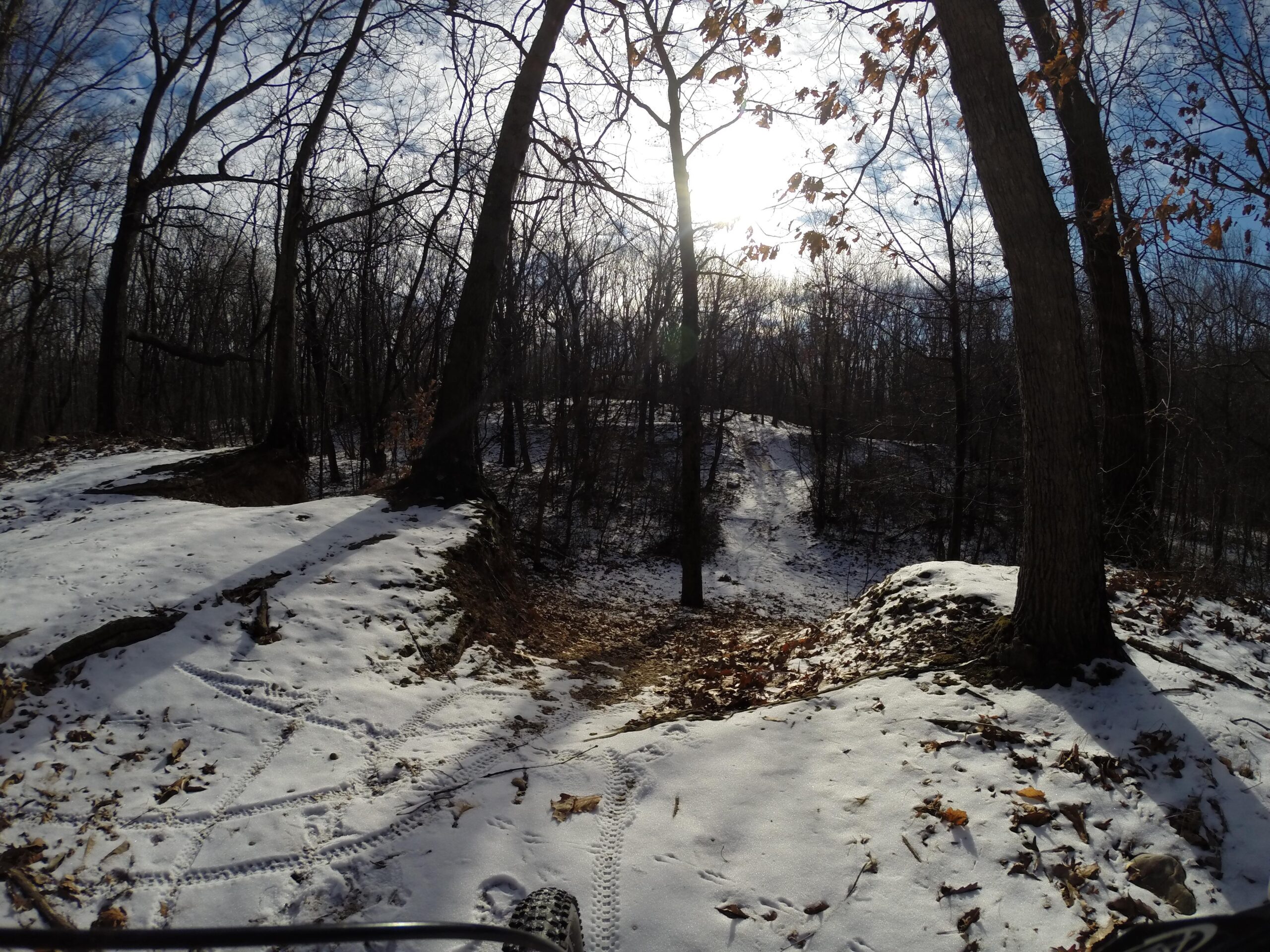 A snow-covered trail winding through a dense forest on a sunny day, with bare trees and patches of fallen leaves on the ground. The sun filters through the branches, casting shadows on the snowy path, which features tire tracks and animal prints. Long Pond mountain bike trail.