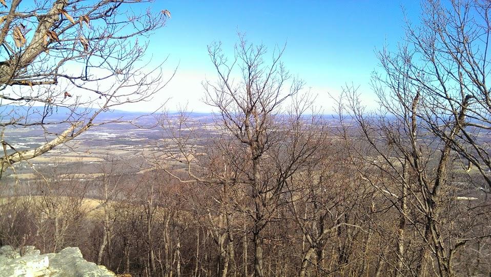 Scenic view from a mountain peak, showcasing a landscape of rolling hills and valleys under a clear blue sky, with bare trees in the foreground. Elizabeth Furnace mountain bike trail.