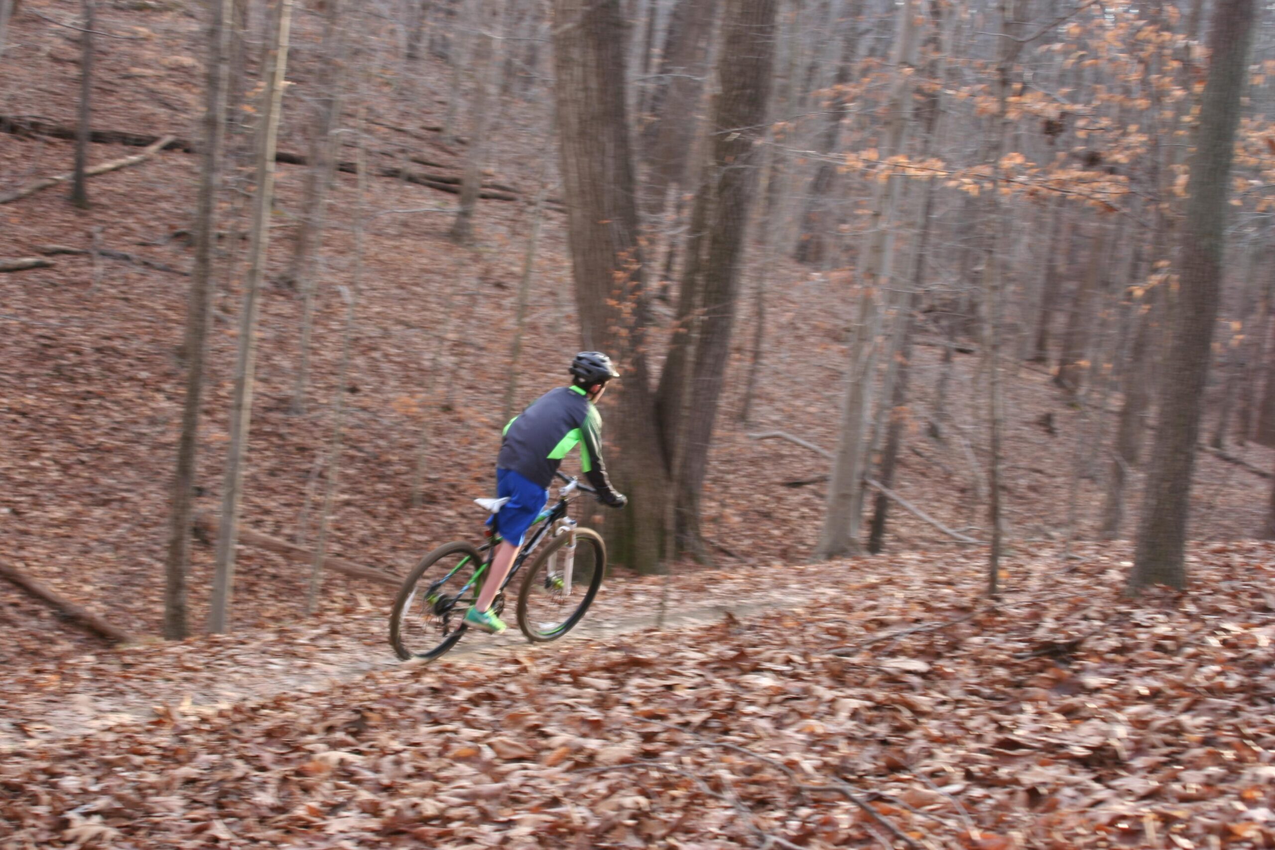 A person riding a mountain bike down a leaf-covered trail in a wooded area during late autumn, with bare trees and a carpet of brown leaves on the ground. Fountainhead Regional Park mountain bike trail.