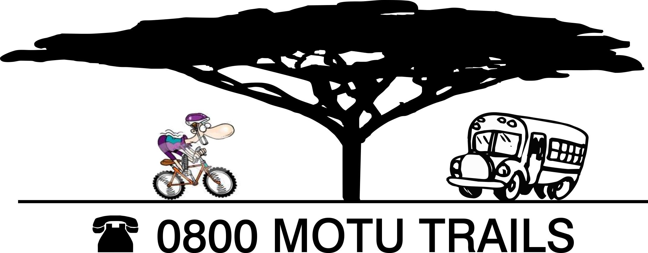 A cartoon-style illustration featuring a cyclist with a purple helmet and clothing riding a bicycle under a large tree silhouette. Nearby, there is a cartoon bus facing the same direction as the cyclist. Below the illustration, text reads "0800 MOTU TRAILS" accompanied by a phone icon. Motu Trails mountain bike trail.