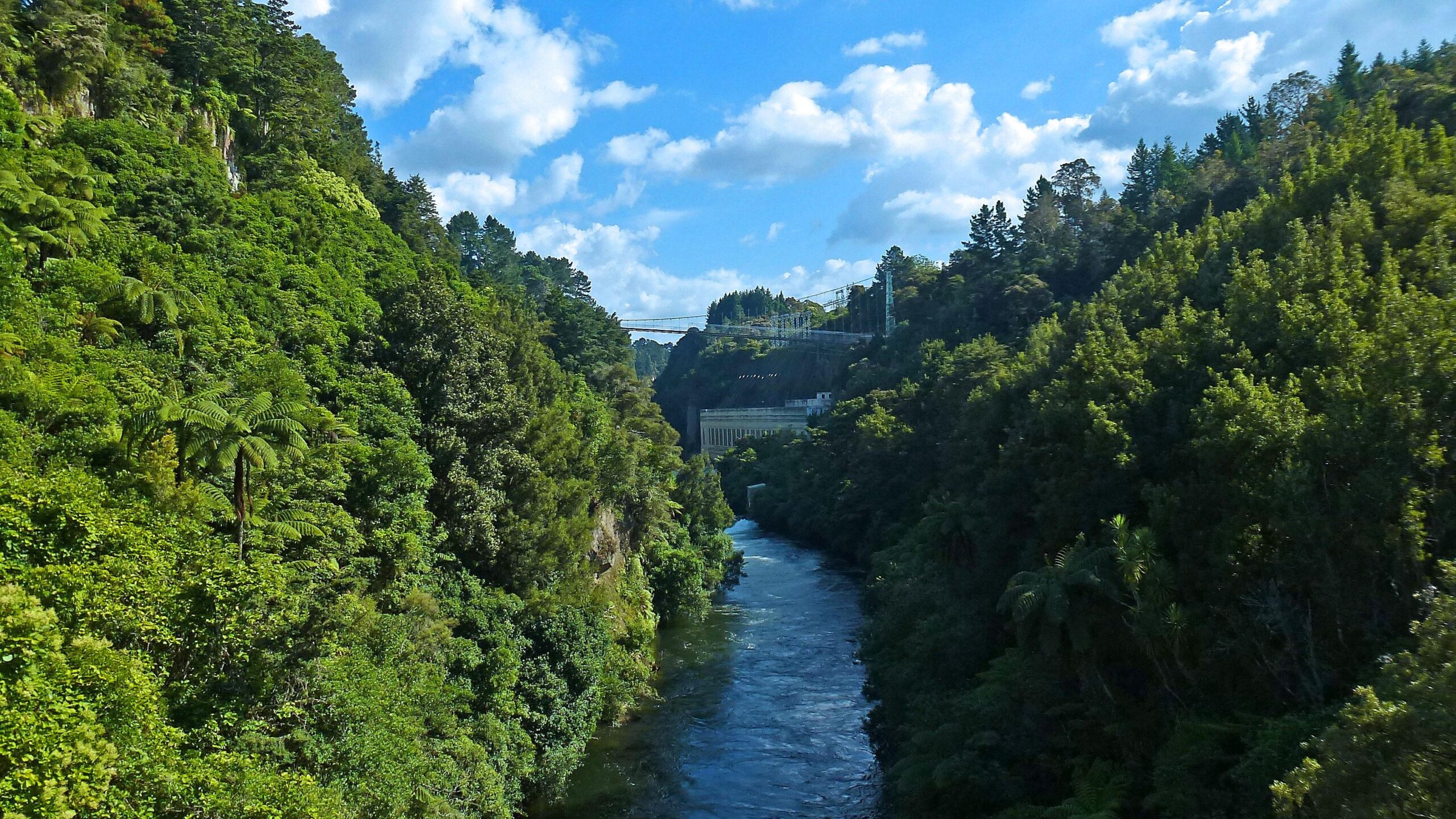 A scenic view of a lush green landscape featuring a river flowing through a narrow valley, surrounded by dense foliage and trees. In the background, a bridge spans the valley, and a hydroelectric facility is partially visible along the riverbank under a bright blue sky with scattered clouds. Waikato River Trails: 1 Karapiro mountain bike trail.