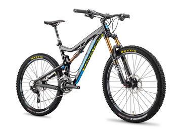 A modern mountain bike featuring a sleek frame design in black and blue, with prominent yellow accents. It has wide, treaded tires suitable for off-road terrain and a front suspension fork for added shock absorption. The bike is positioned against a neutral background, emphasizing its design and components.