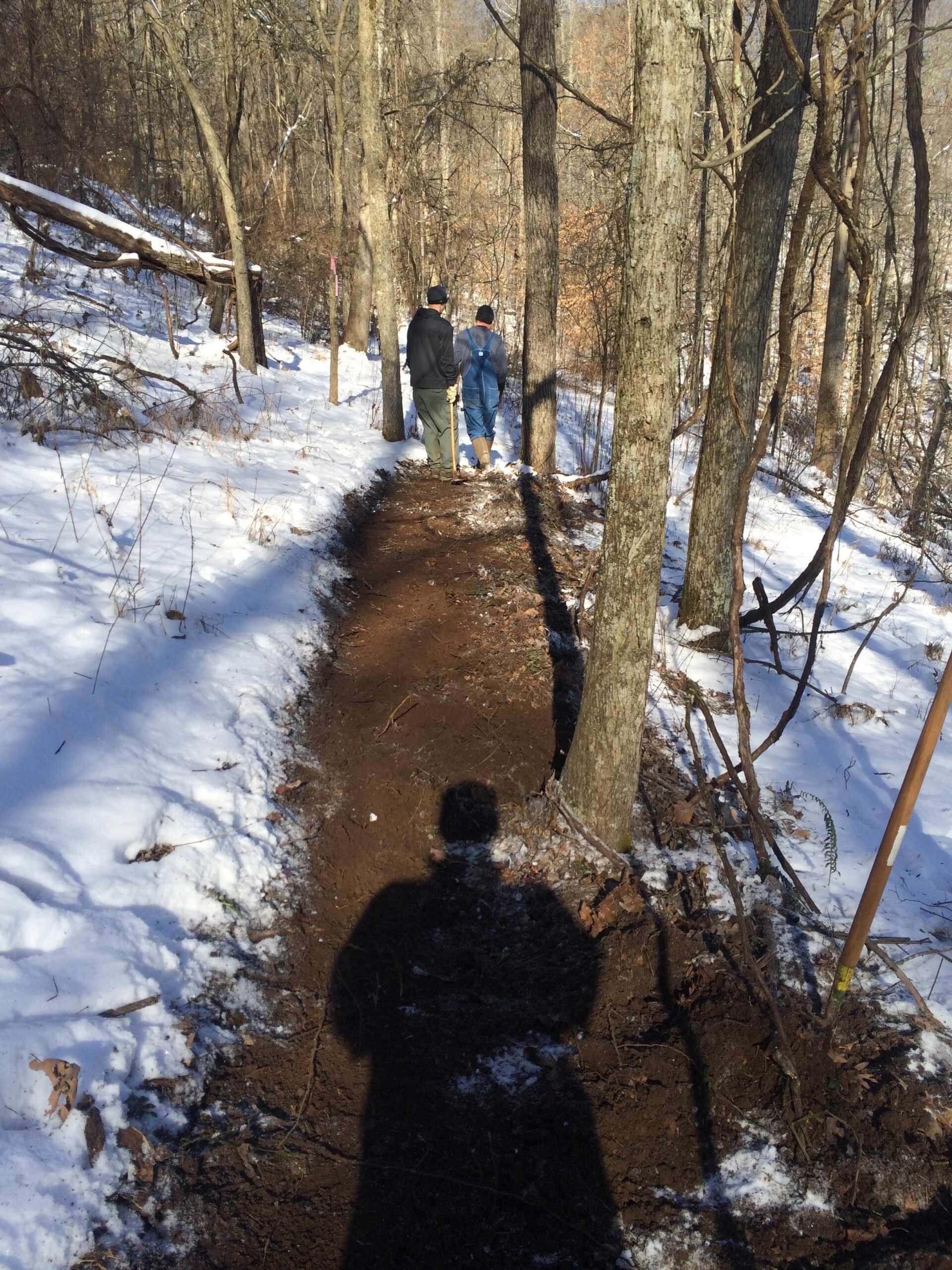 Two individuals are walking on a newly cleared trail in a snowy forest. The path is bordered by trees, with one person's shadow visible in the foreground. The scene depicts a tranquil winter setting, showcasing the contrast between the earthy trail and the white snow covering the ground. Mountwood mountain bike trail.