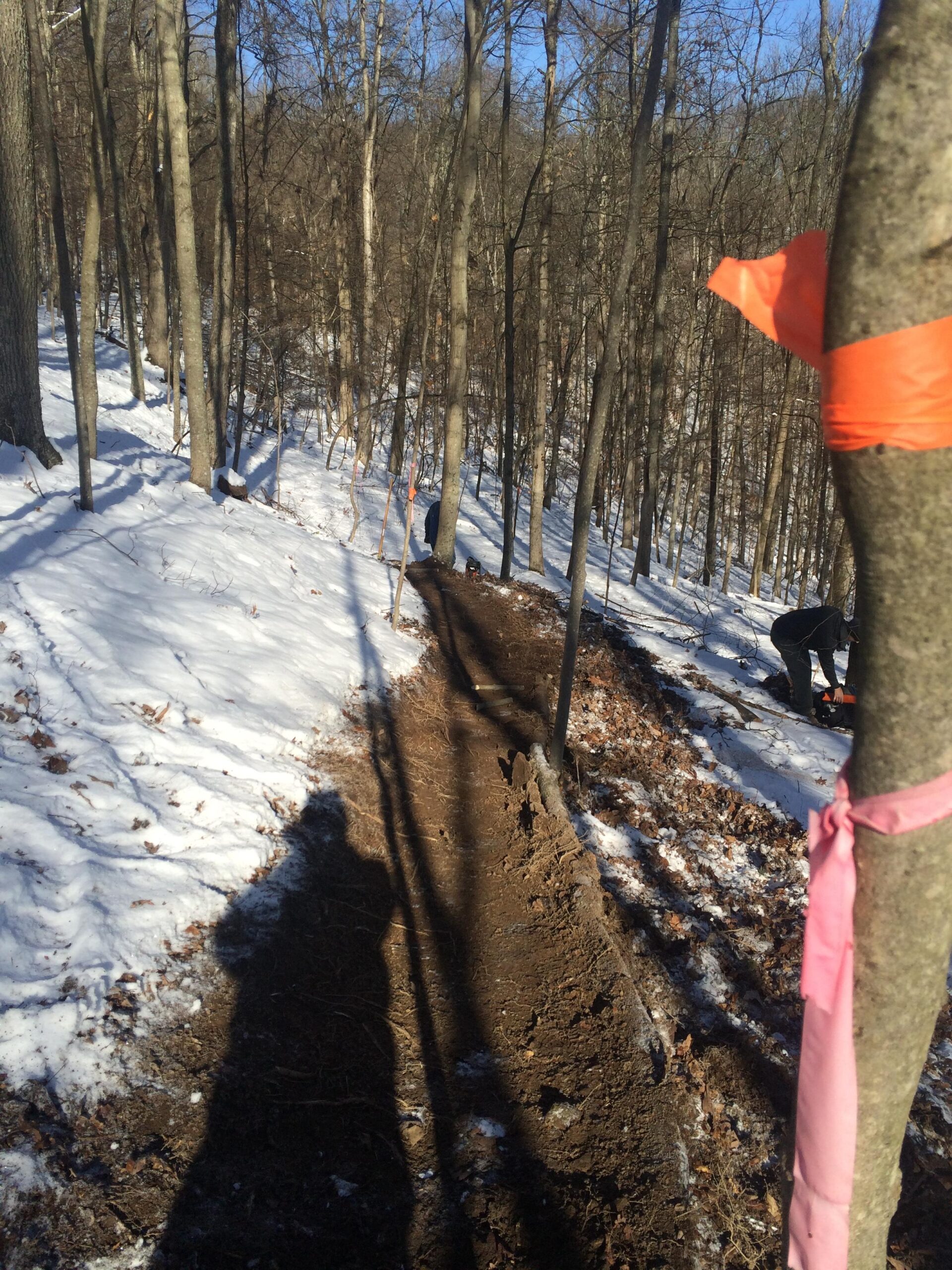 A snowy forest scene with a partially cleared dirt path running downhill. The ground is marked with brown earth, and there are trees on both sides. Pink and orange ribbons are tied around trees for marking. A shadow of a person is visible in the foreground, while another person can be seen working further down the path. Mountwood mountain bike trail.