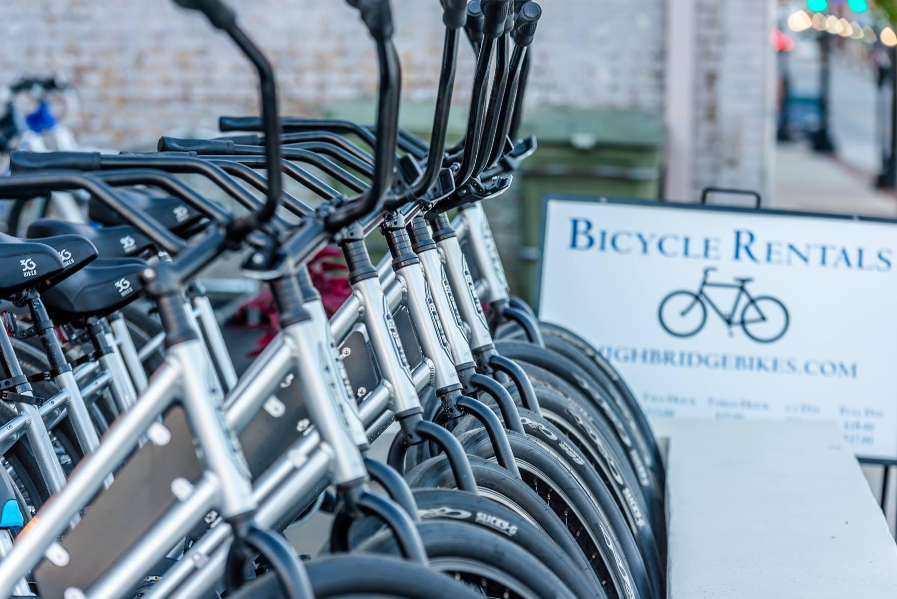 A row of rental bicycles lined up on a table, with their black handlebars and silver frames prominently displayed. In the background, a sign reads "Bicycle Rentals" along with a website address. The setting appears to be outdoors, indicated by the blurred elements in the background.