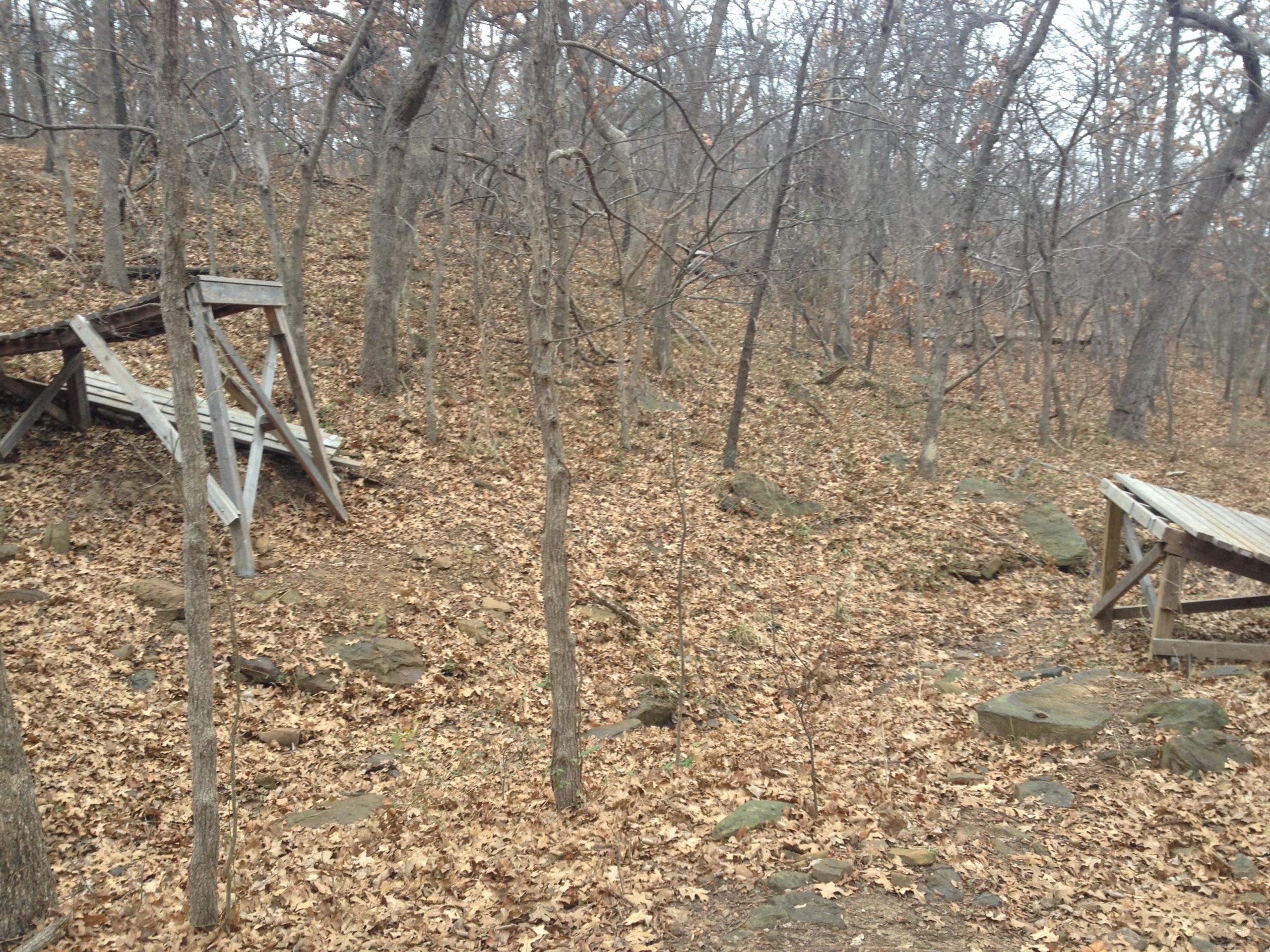 A wooded area in late autumn with a carpet of dry leaves covering the ground. In the foreground, two wooden platforms or structures are partially visible, one on the left leaning to the side. Around them, bare trees extend into the background, revealing a steep, rocky hillside. The scene has a muted color palette with shades of brown and gray, indicating a cool, overcast day. Turkey Mountain mountain bike trail.