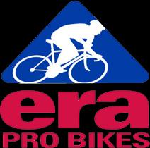 Logo for Era Pro Bikes featuring a silhouette of a cyclist in white against a blue triangle background, with the text "era PRO BIKES" in bold red letters below.
