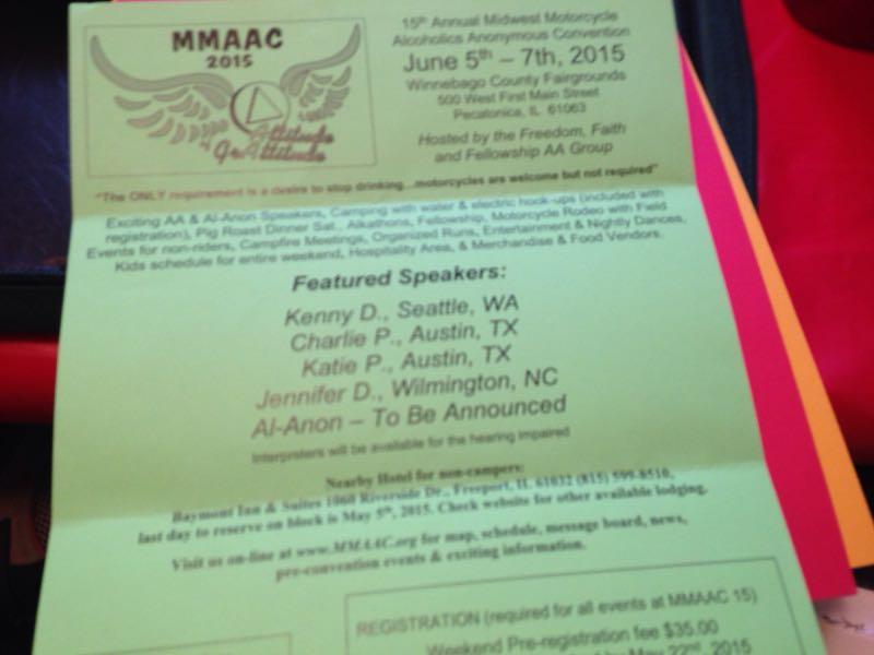 A green flyer for the 15th Annual Midwest Motorcycle Alcoholics Anonymous Convention, featuring event details including dates (June 5th-7th, 2015), location (Winnebago County Fairgrounds, Pecatonica, IL), and a list of featured speakers. The flyer includes information about activities, registration fees, and accommodations. Heil Valley Ranch mountain bike trail.
