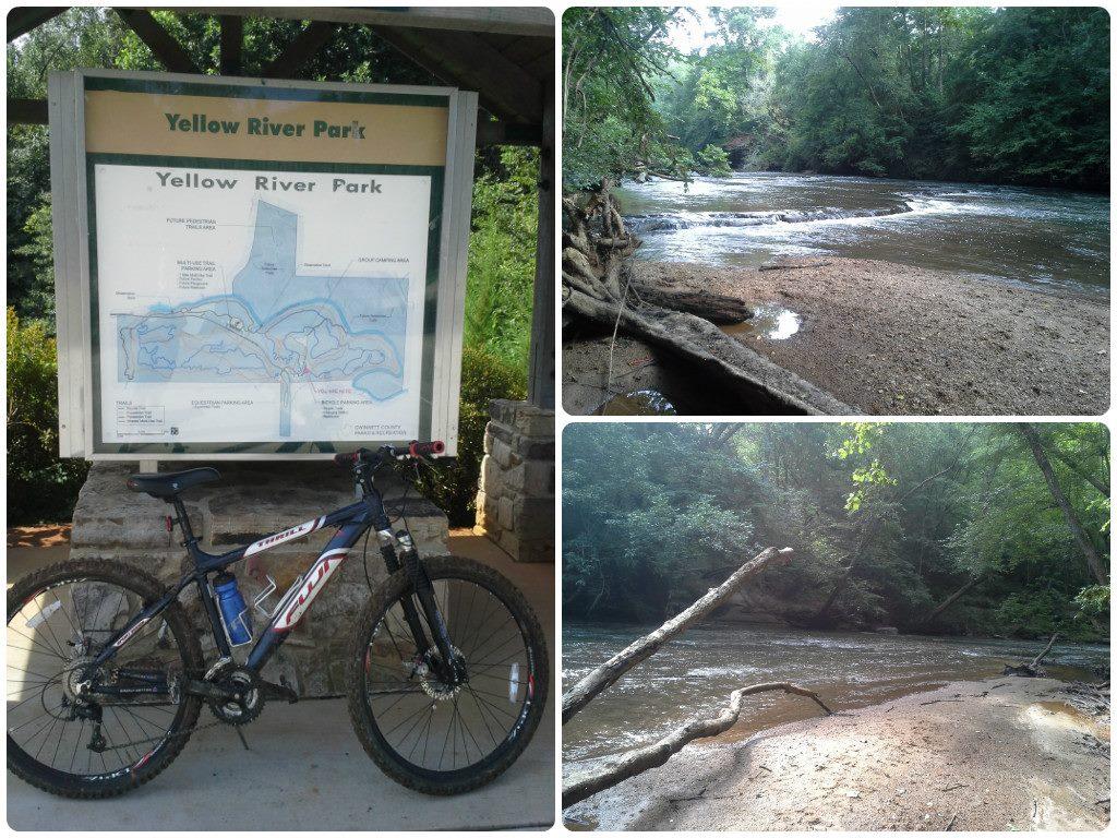 Alt tag: "A collage featuring Yellow River Park. The left image shows a park information sign with a map of the area, accompanied by a mountain bike on a stone pedestal. The top right image displays a serene view of the river surrounded by lush greenery, while the bottom right image captures a slightly different angle of the riverbank with trees and water." Yellow River mountain bike trail.