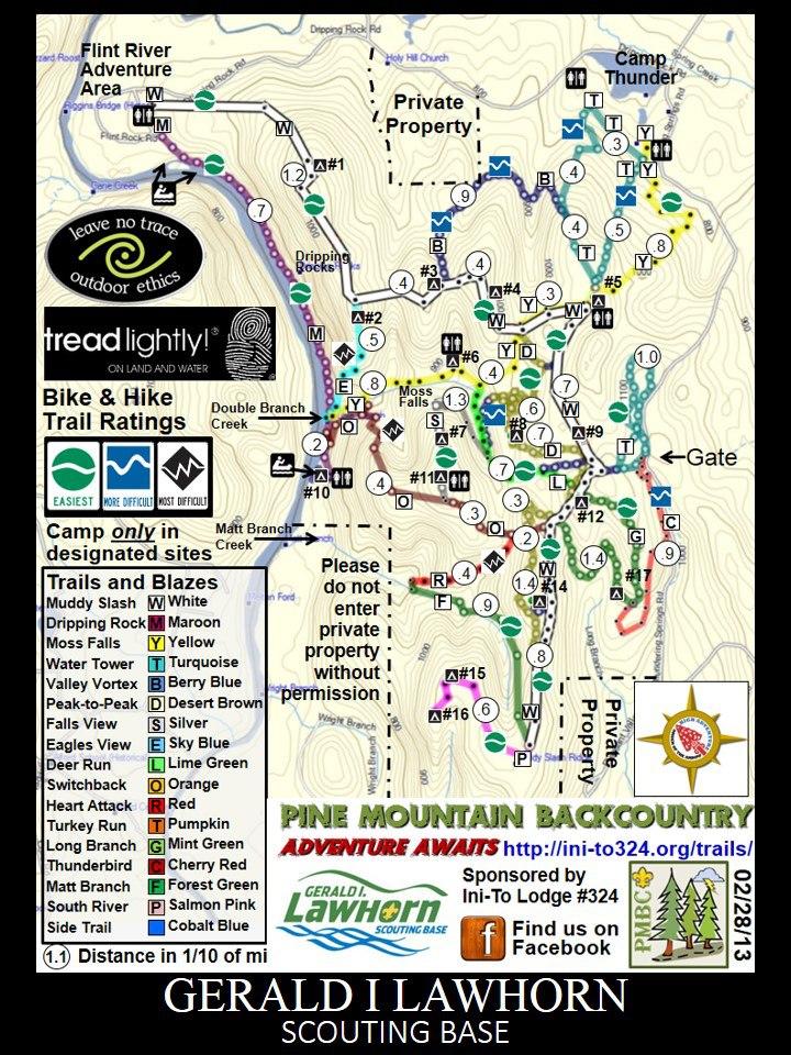 Map of Gerald I. Lawhorn Scouting Base showing the Pine Mountain Backcountry area. It includes designated bike and hike trails, trail ratings, campsite locations, and important notes about private property. Features landmarks like the Flint River Adventure Area and Camp Thunder. The map indicates distances and trail difficulty levels, along with symbols for various facilities. Camp Thunder mountain bike trail.